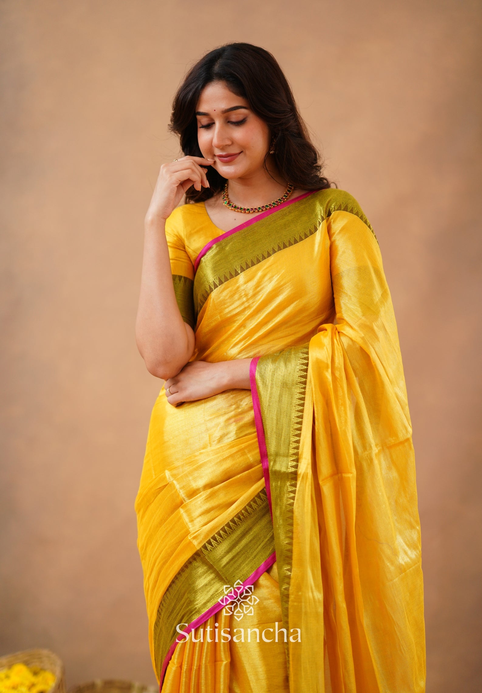 Sutisancha Yellow Handloom Cotton Tissue Saree