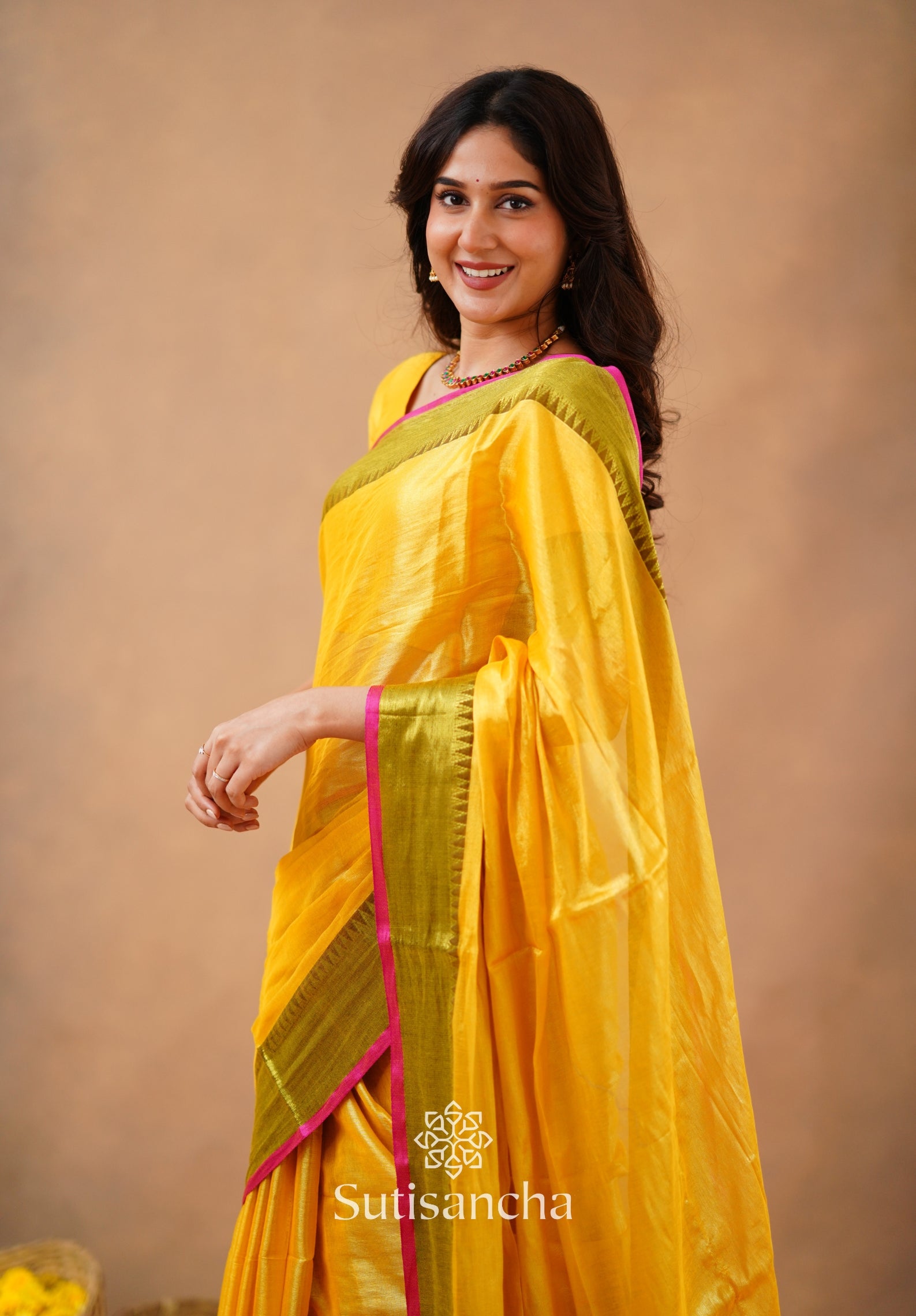 Sutisancha Yellow Handloom Cotton Tissue Saree