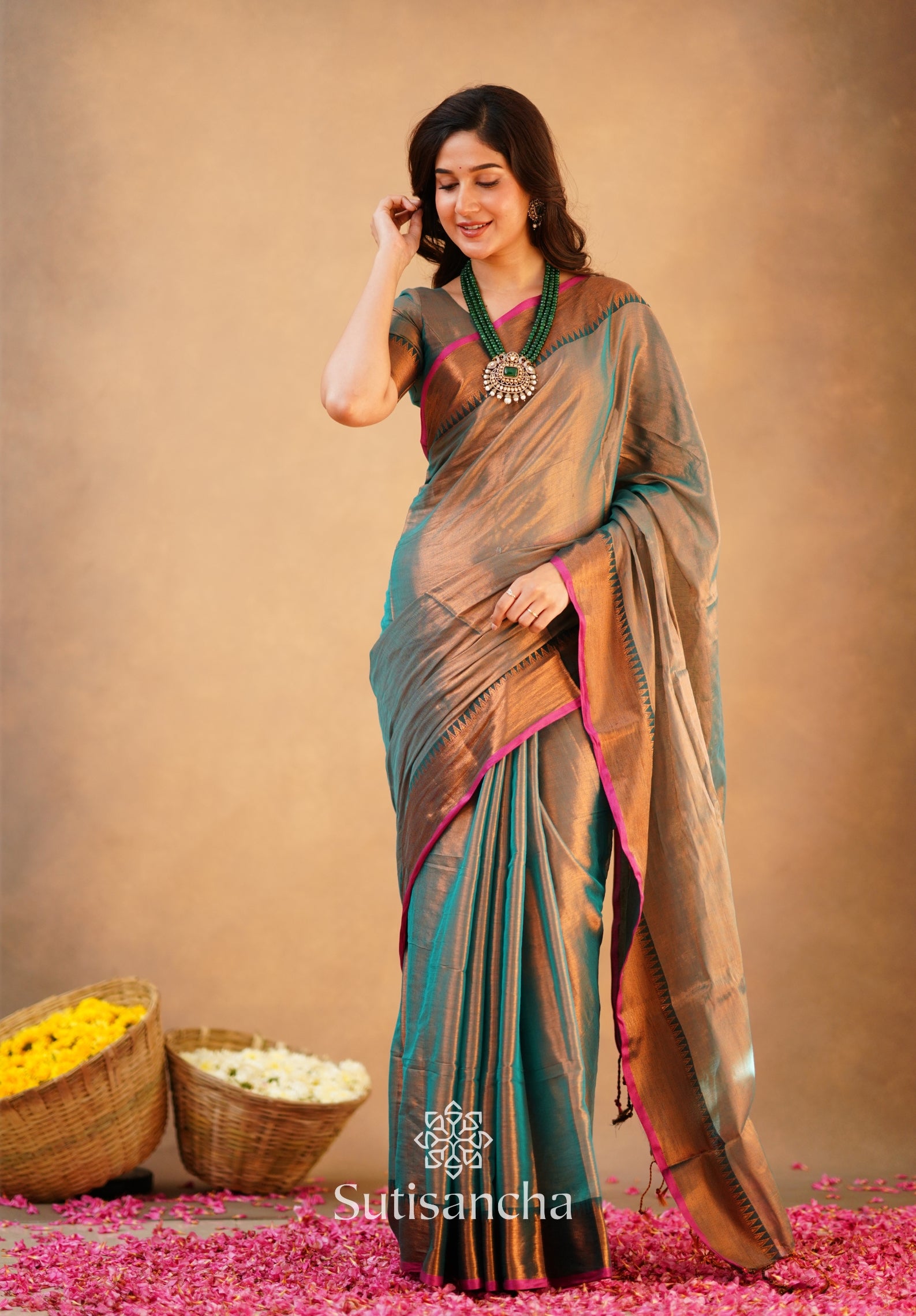 Sutisancha Rama Green Handloom Cotton Tissue Saree