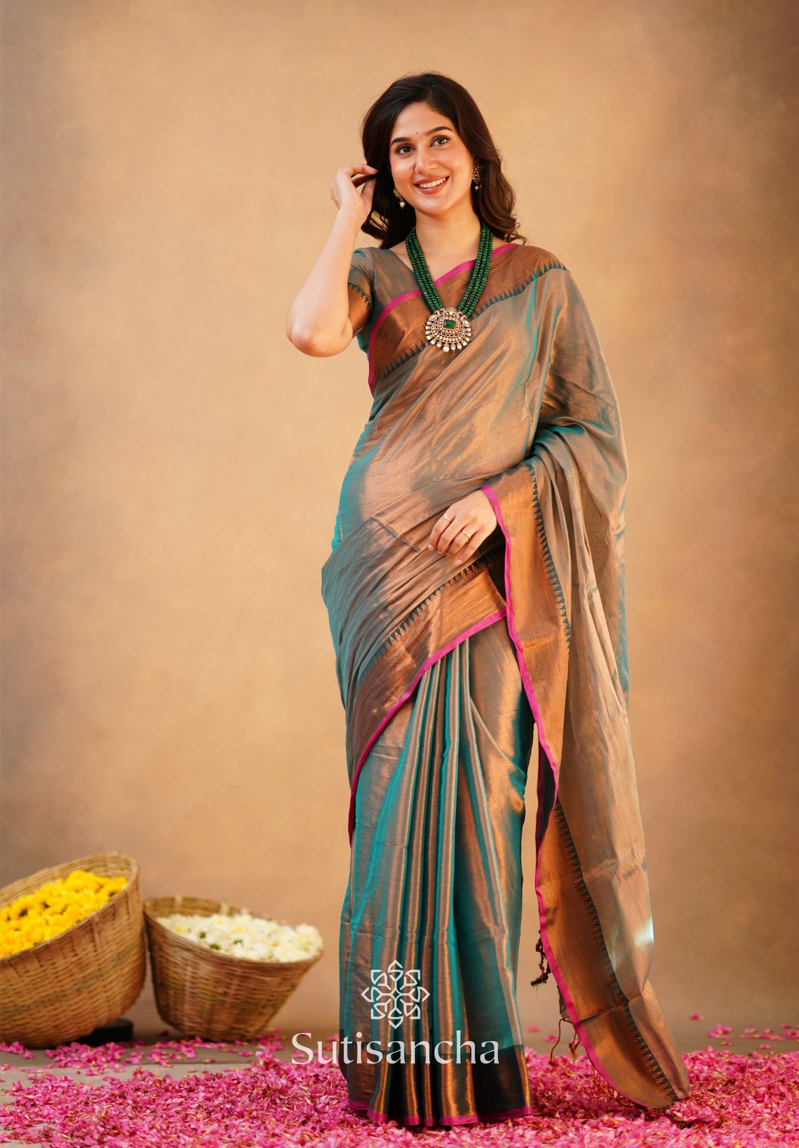 Sutisancha Rama Green Handloom Cotton Tissue Saree