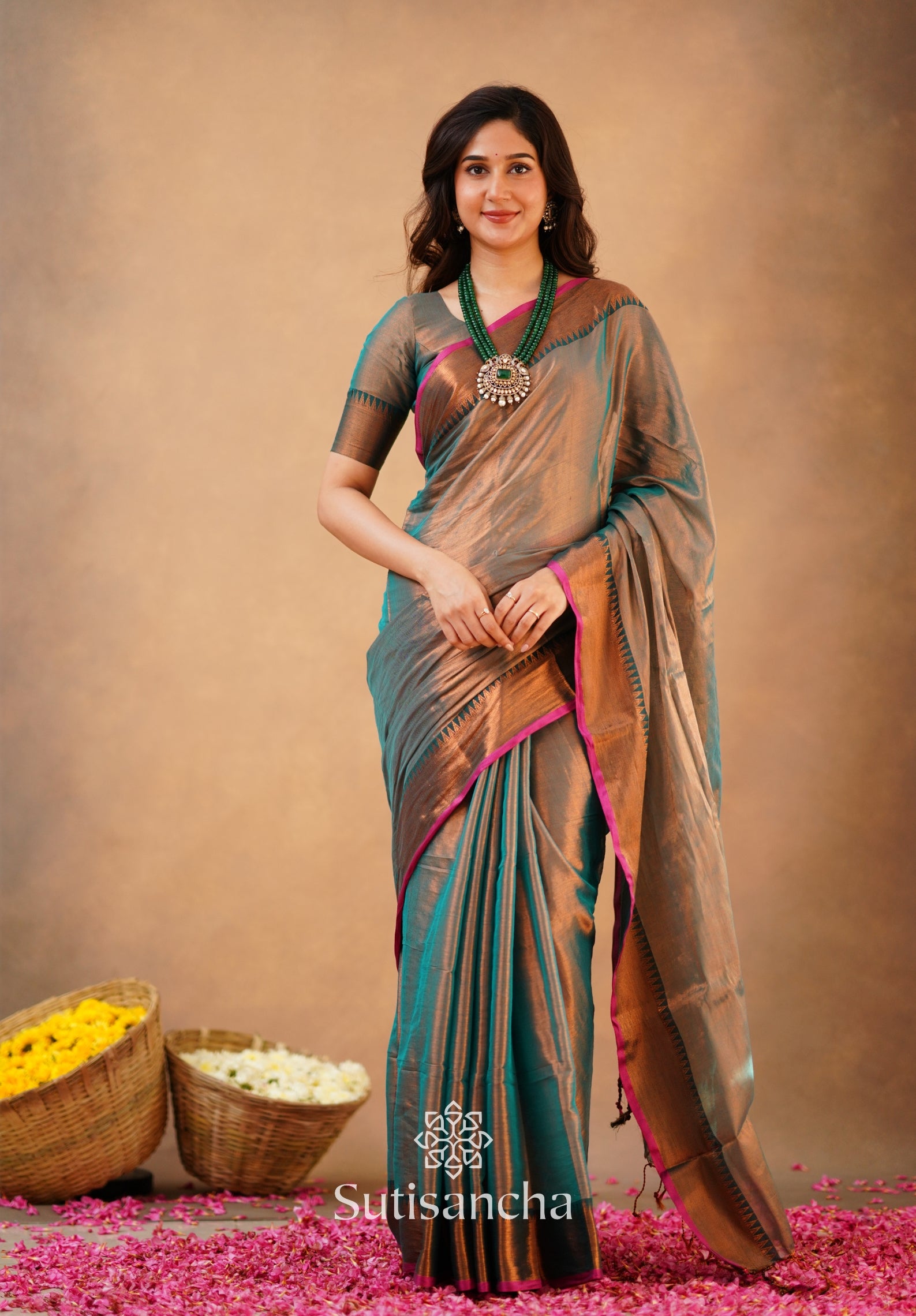 Sutisancha Rama Green Handloom Cotton Tissue Saree