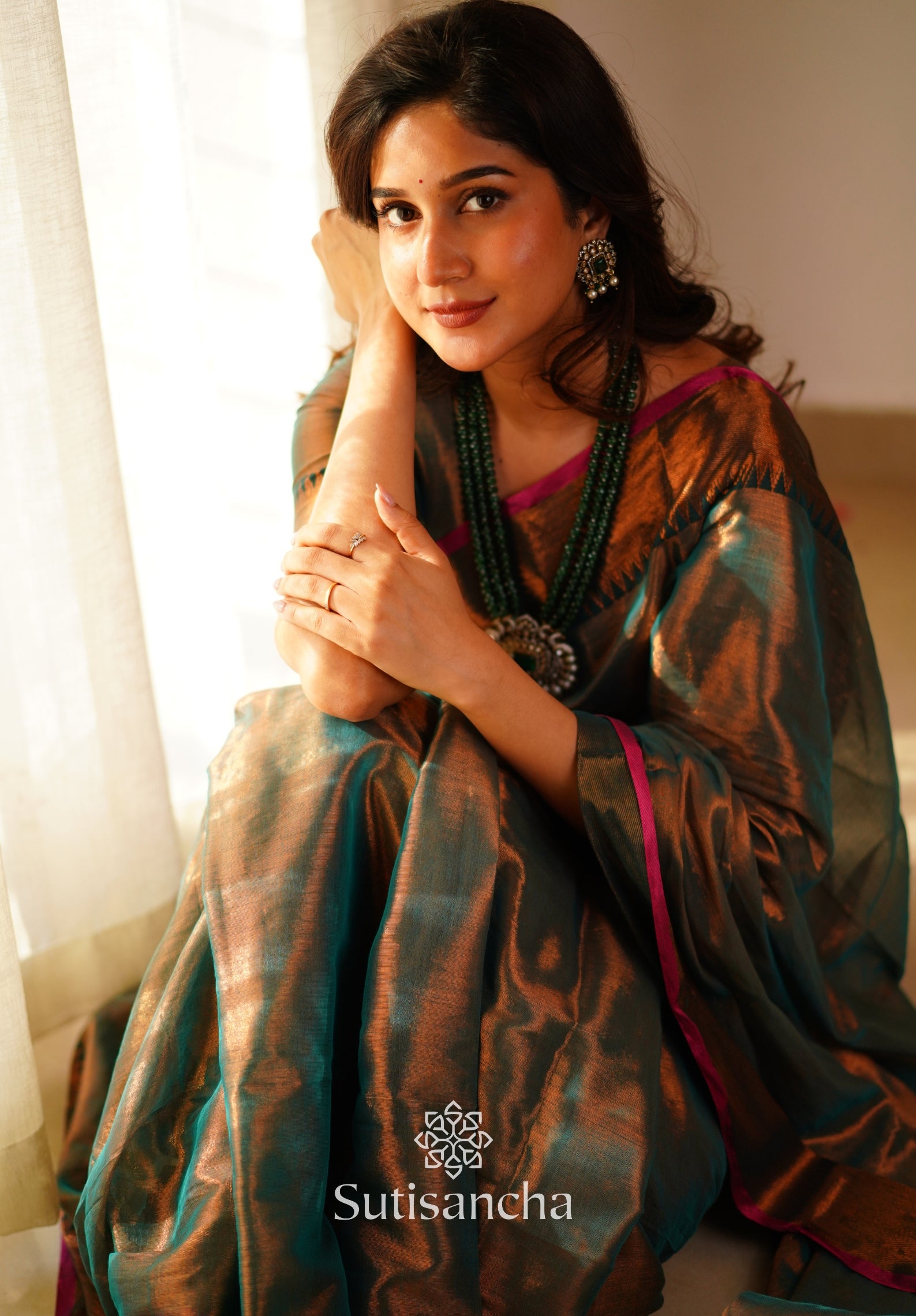 Sutisancha Rama Green Handloom Cotton Tissue Saree