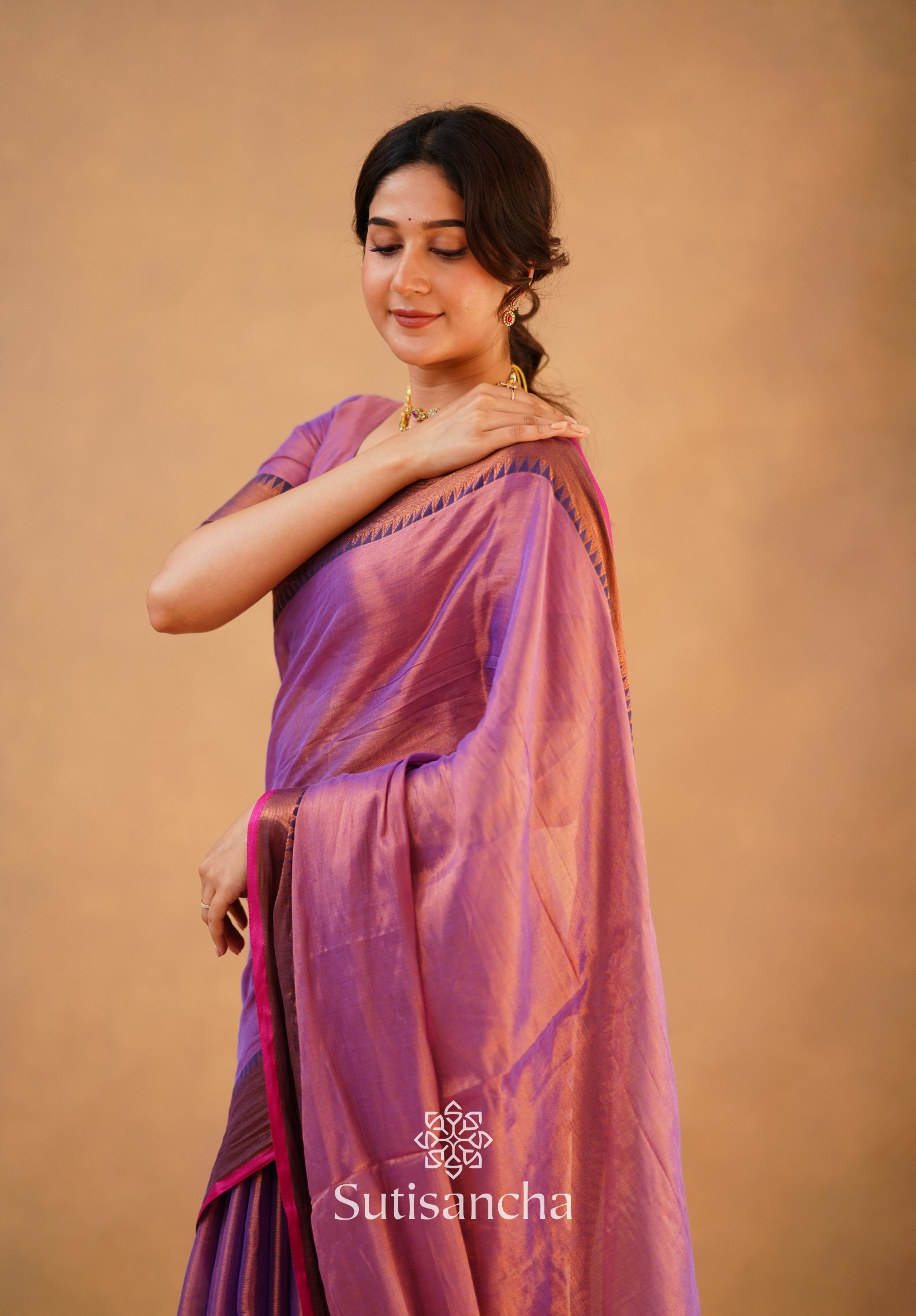 Sutisancha Onion Pink Handloom Cotton Tissue Saree
