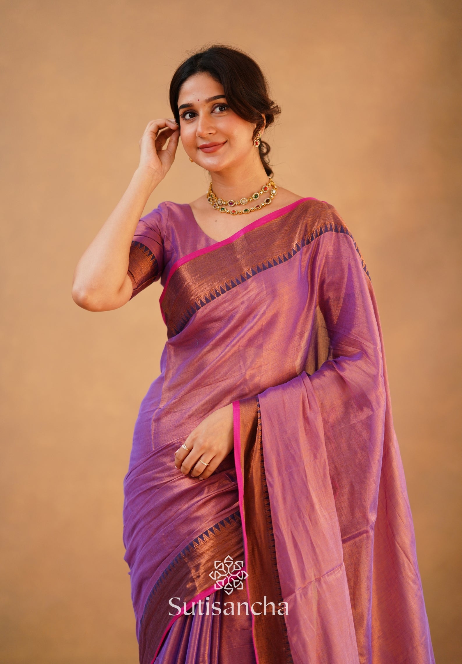 Sutisancha Onion Pink Handloom Cotton Tissue Saree