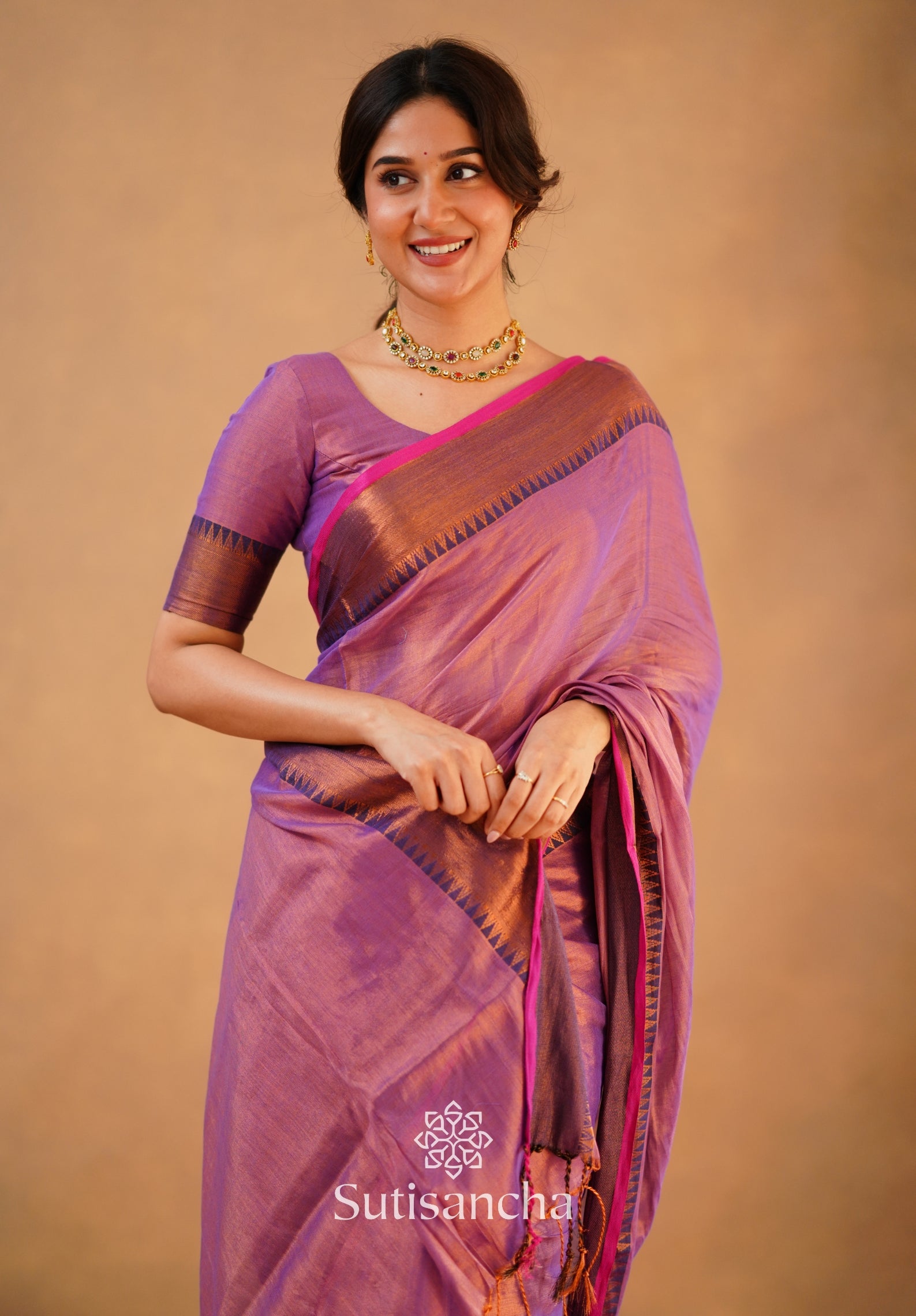 Sutisancha Onion Pink Handloom Cotton Tissue Saree