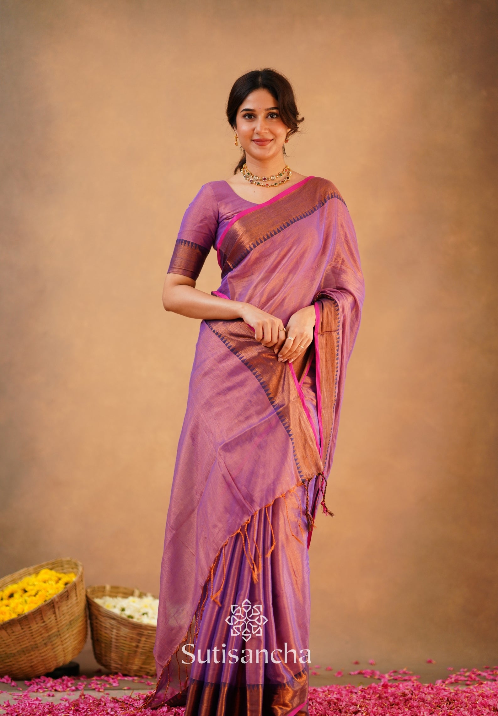 Sutisancha Onion Pink Handloom Cotton Tissue Saree