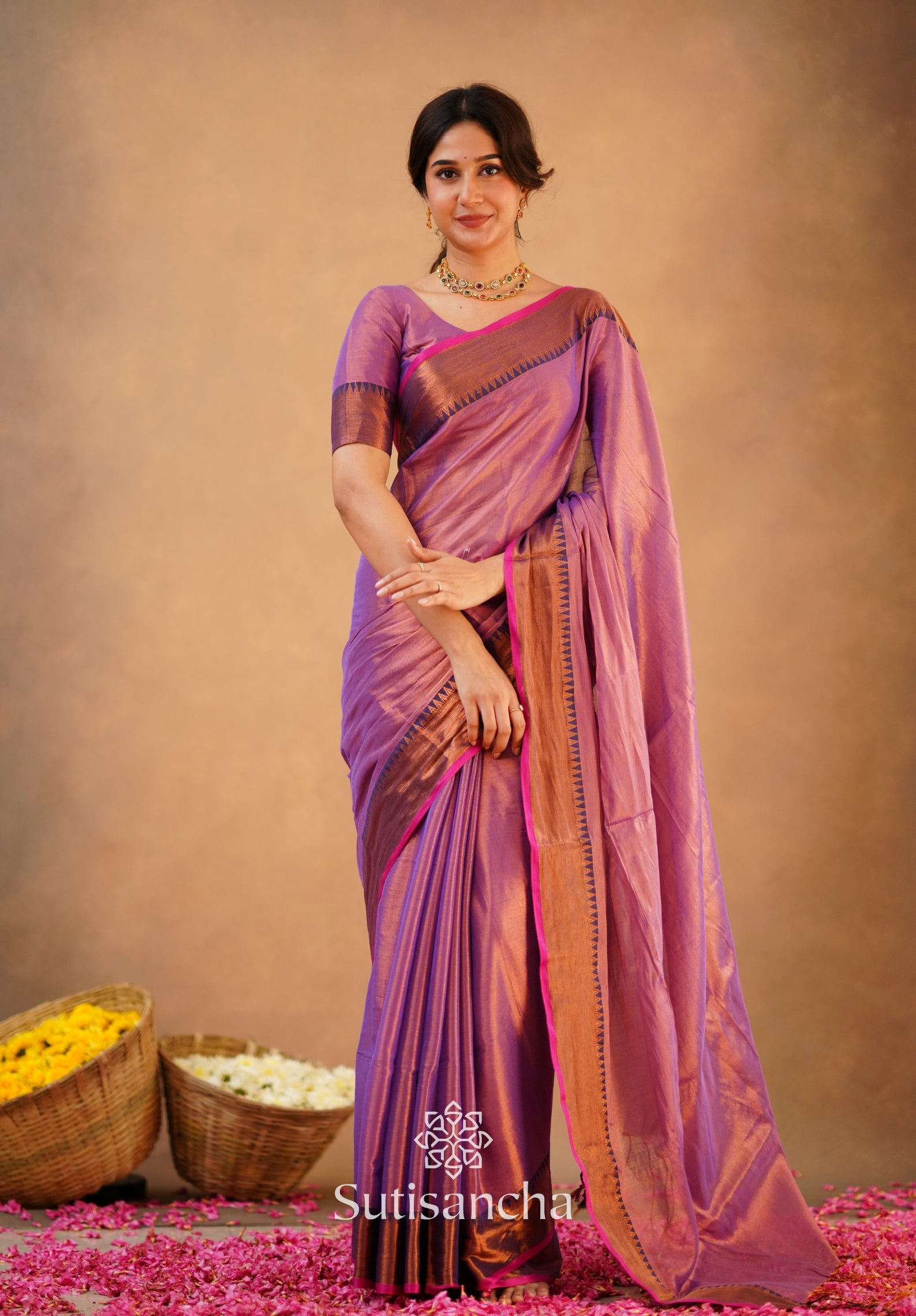 Sutisancha Onion Pink Handloom Cotton Tissue Saree