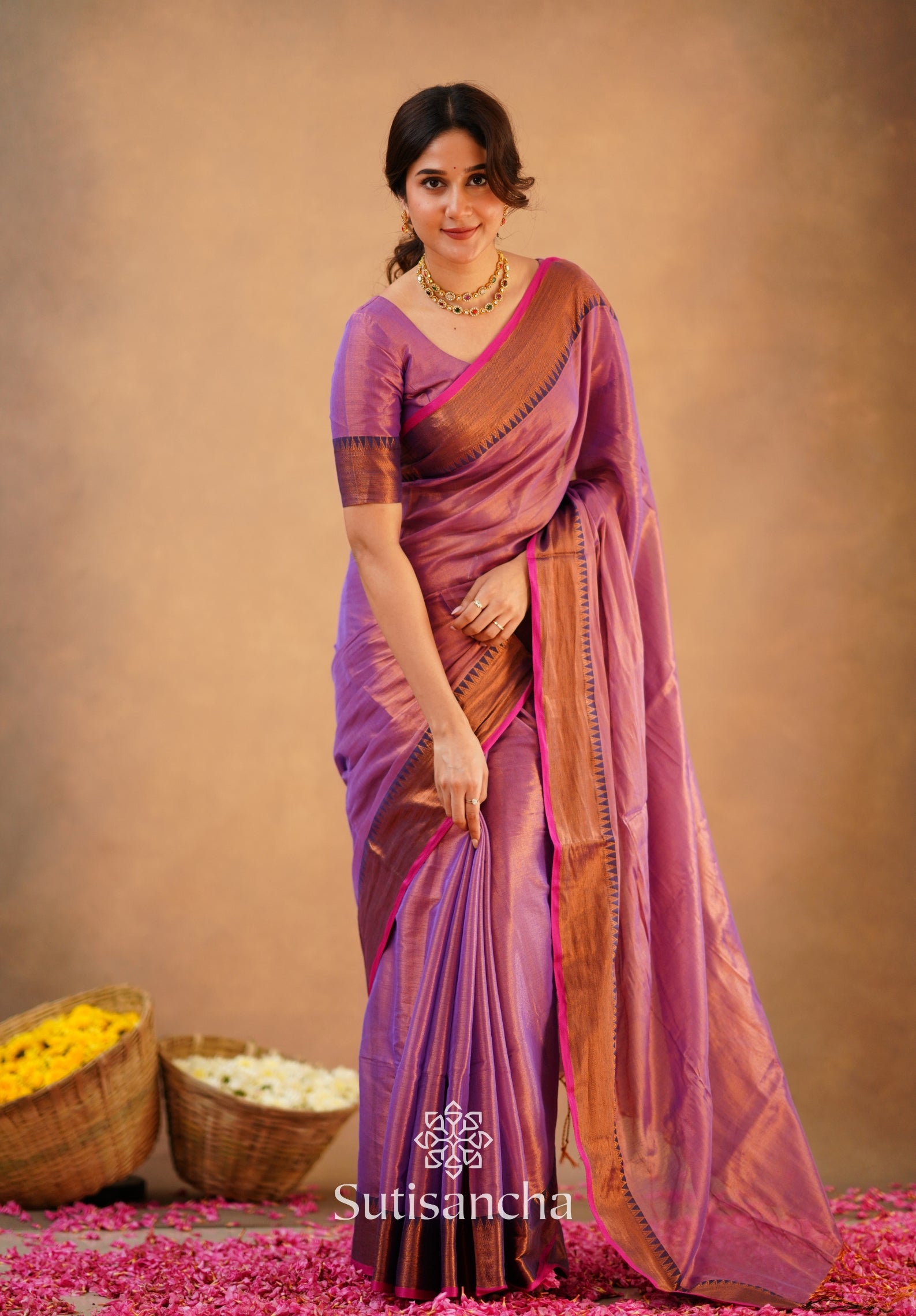 Sutisancha Onion Pink Handloom Cotton Tissue Saree
