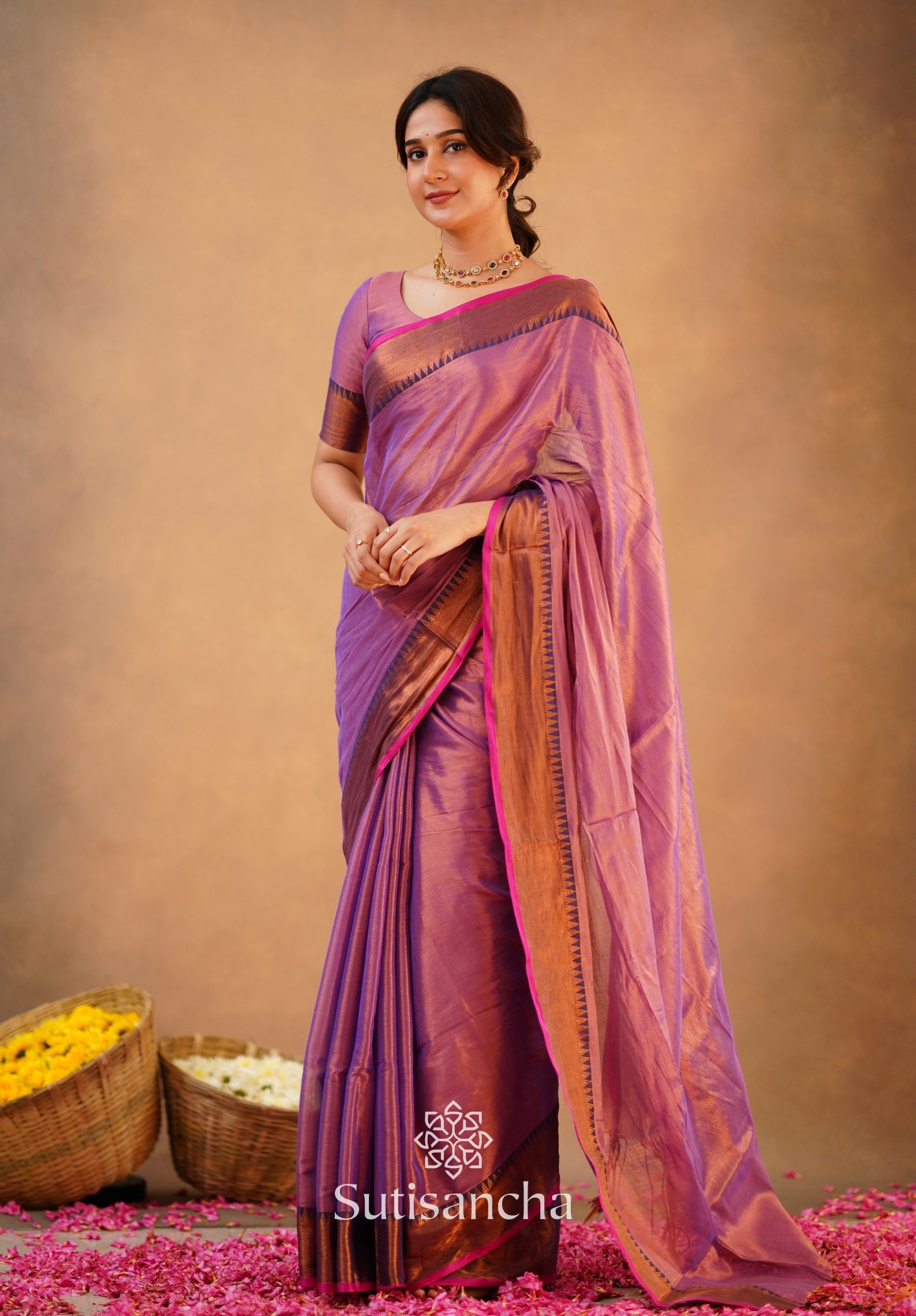 Sutisancha Onion Pink Handloom Cotton Tissue Saree
