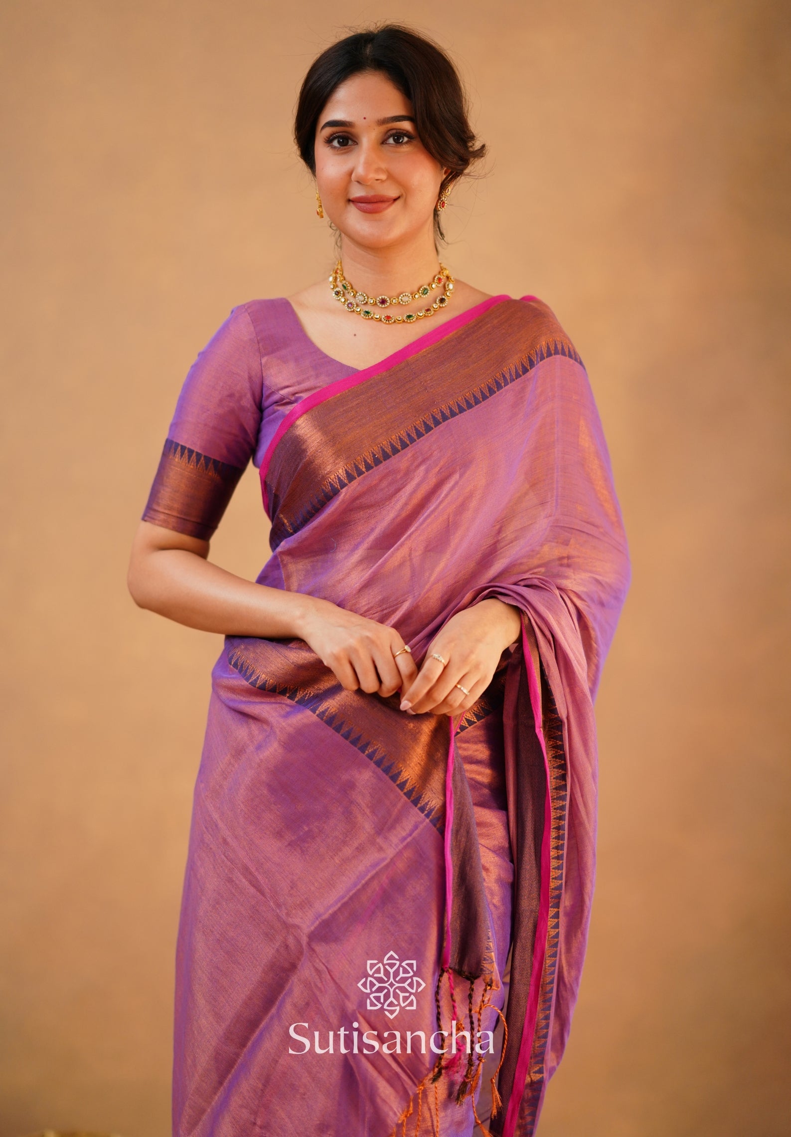 Sutisancha Onion Pink Handloom Cotton Tissue Saree