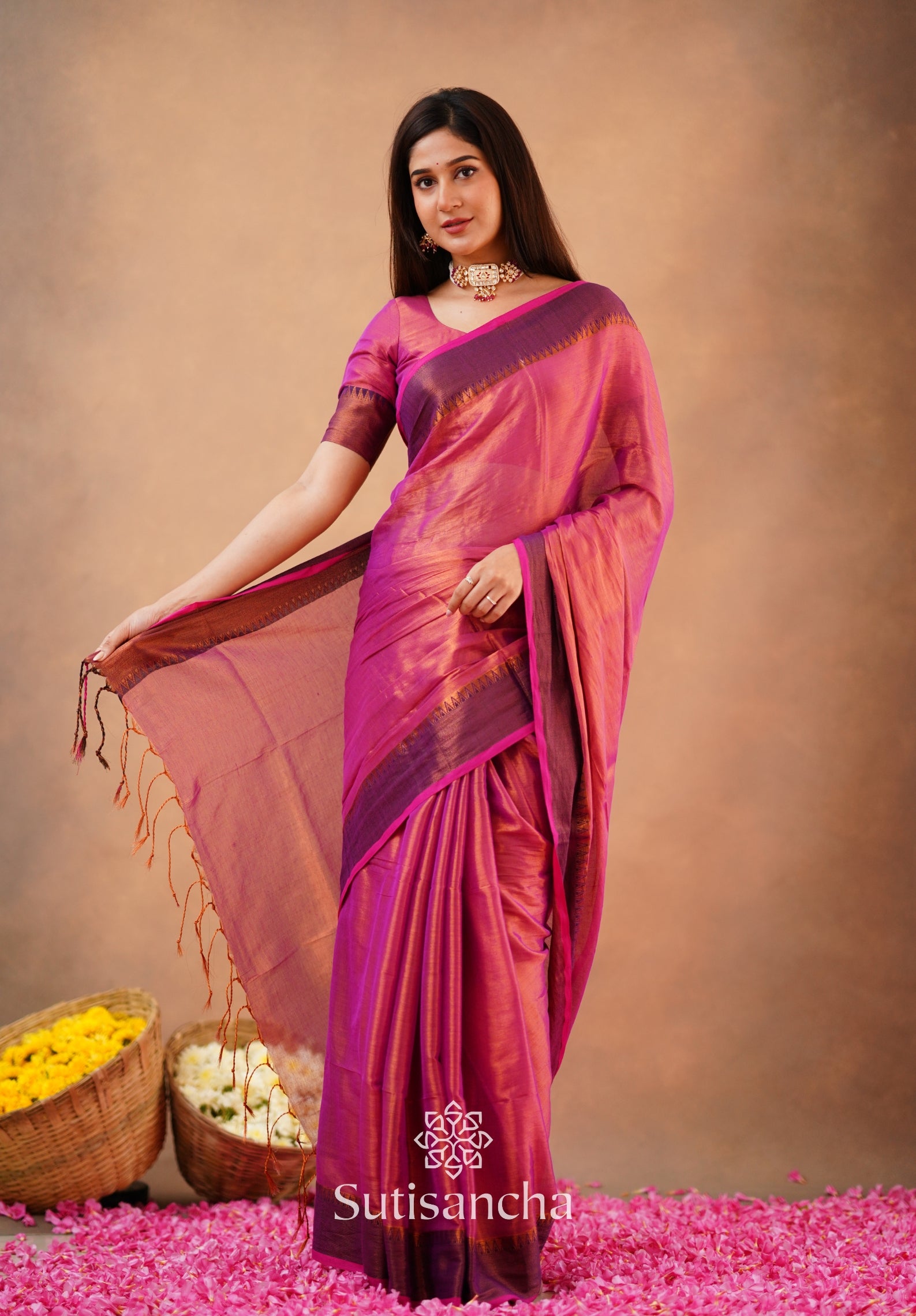 Sutisancha Peach Handloom Cotton Tissue Saree
