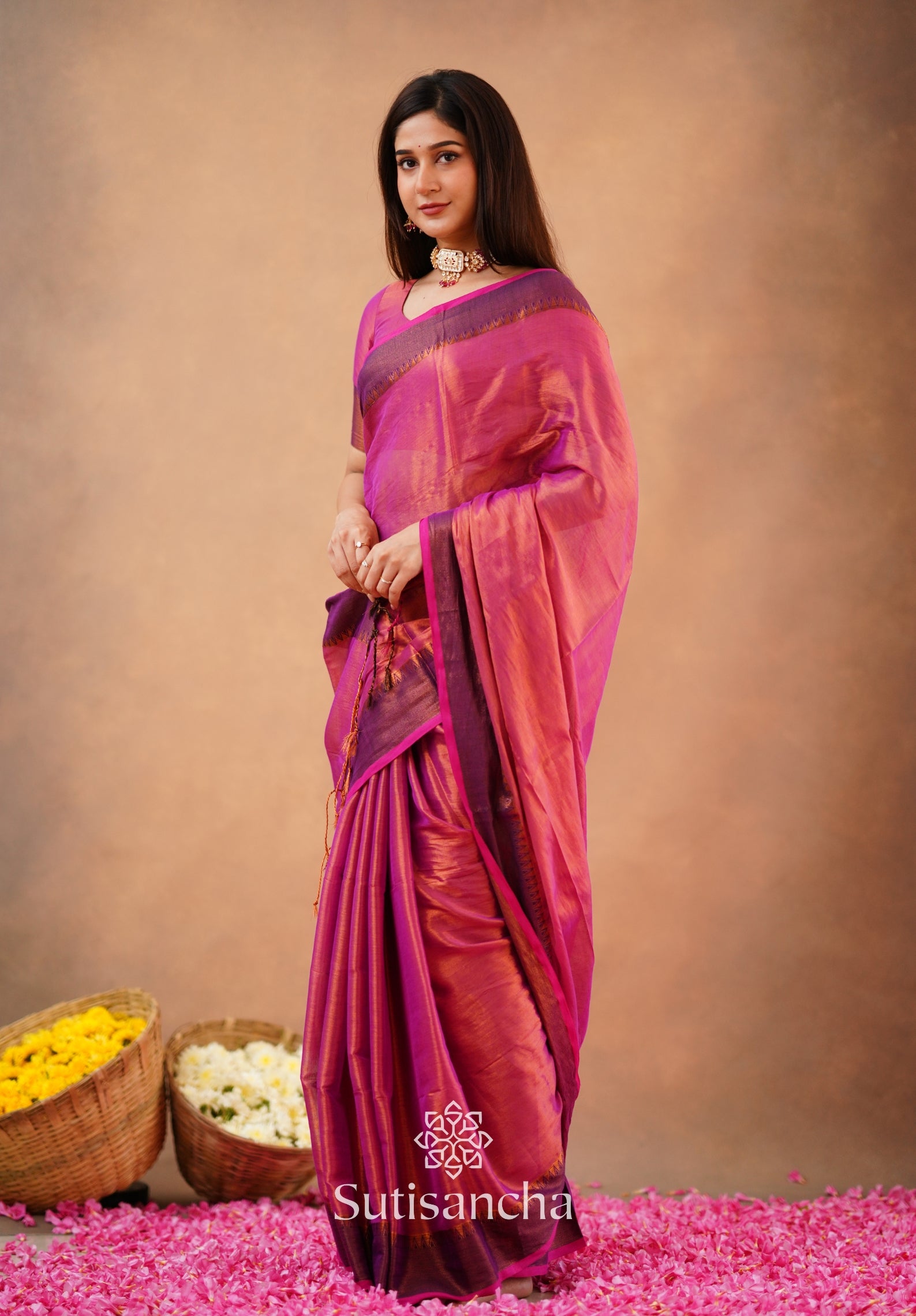 Sutisancha Peach Handloom Cotton Tissue Saree