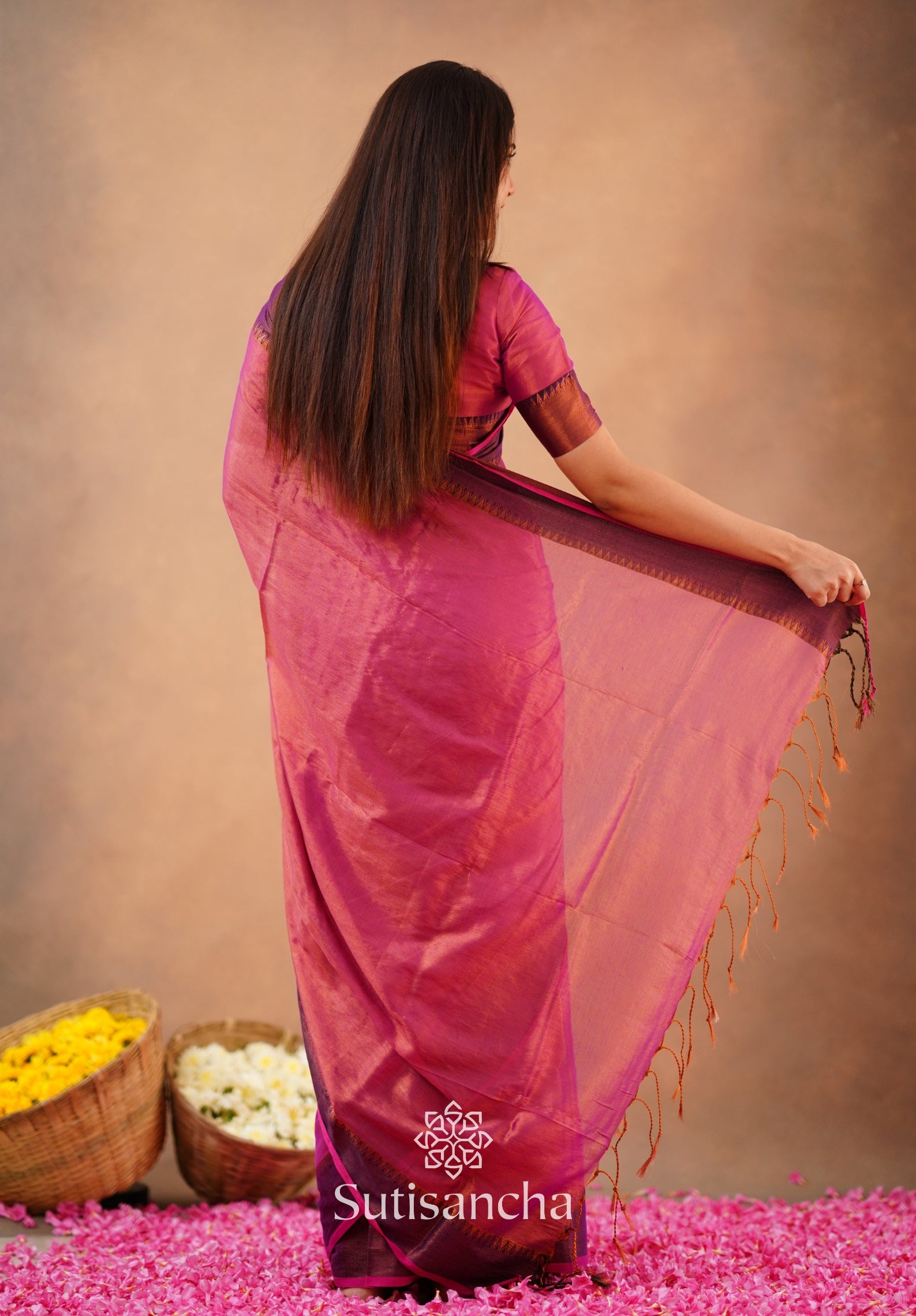 Sutisancha Peach Handloom Cotton Tissue Saree