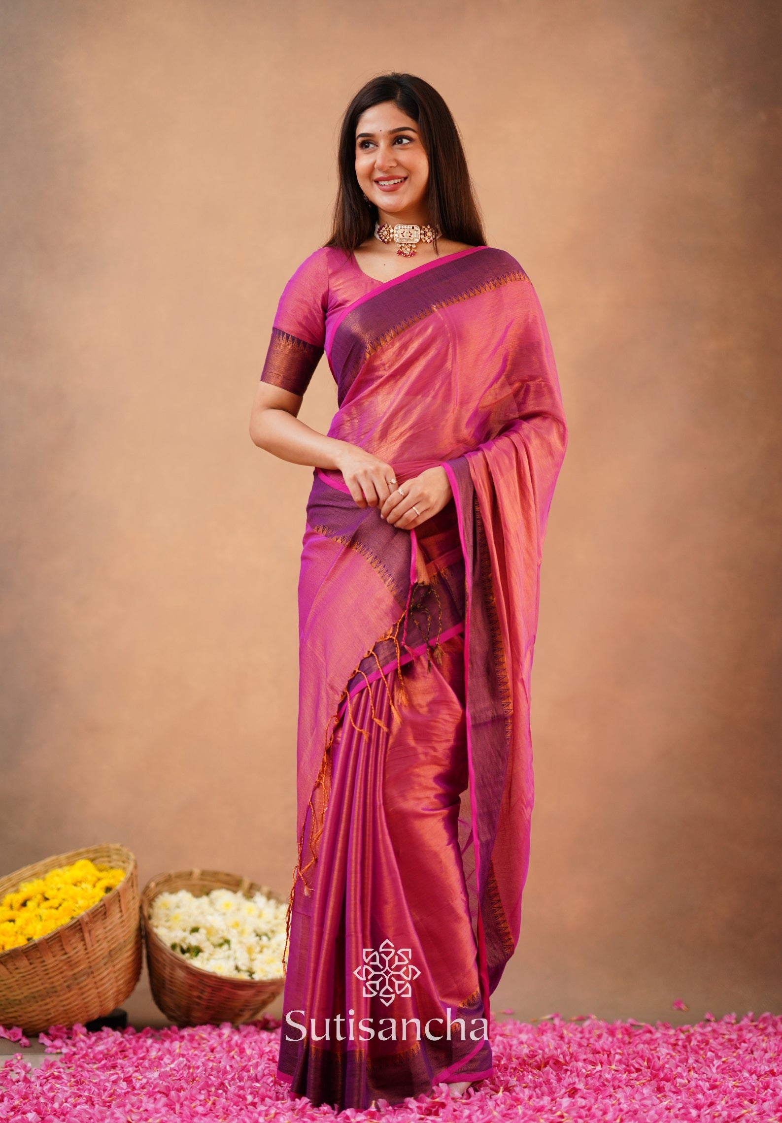 Sutisancha Peach Handloom Cotton Tissue Saree