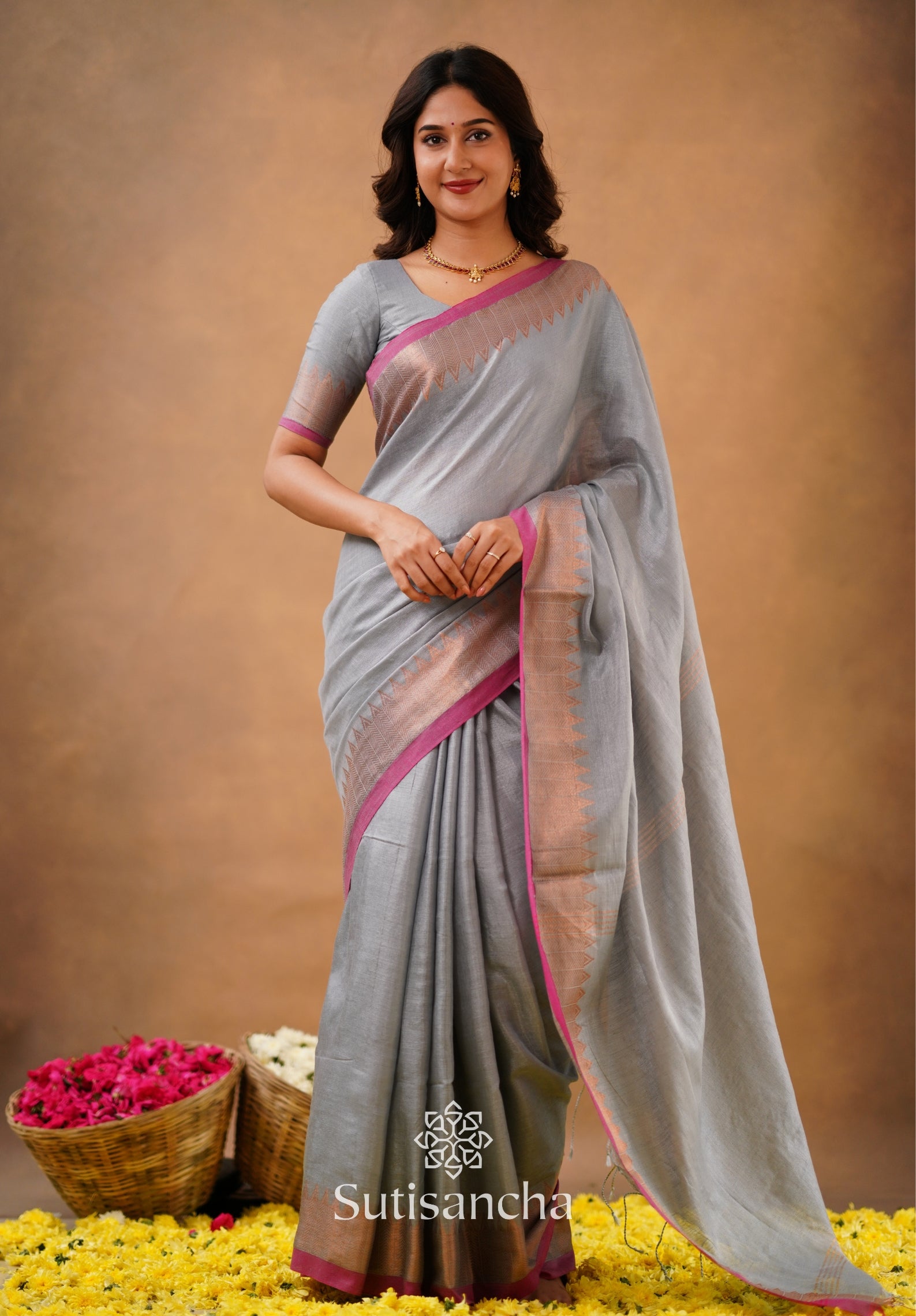 Sutisancha Metal Gray Handloom Cotton Designer Tissue Saree