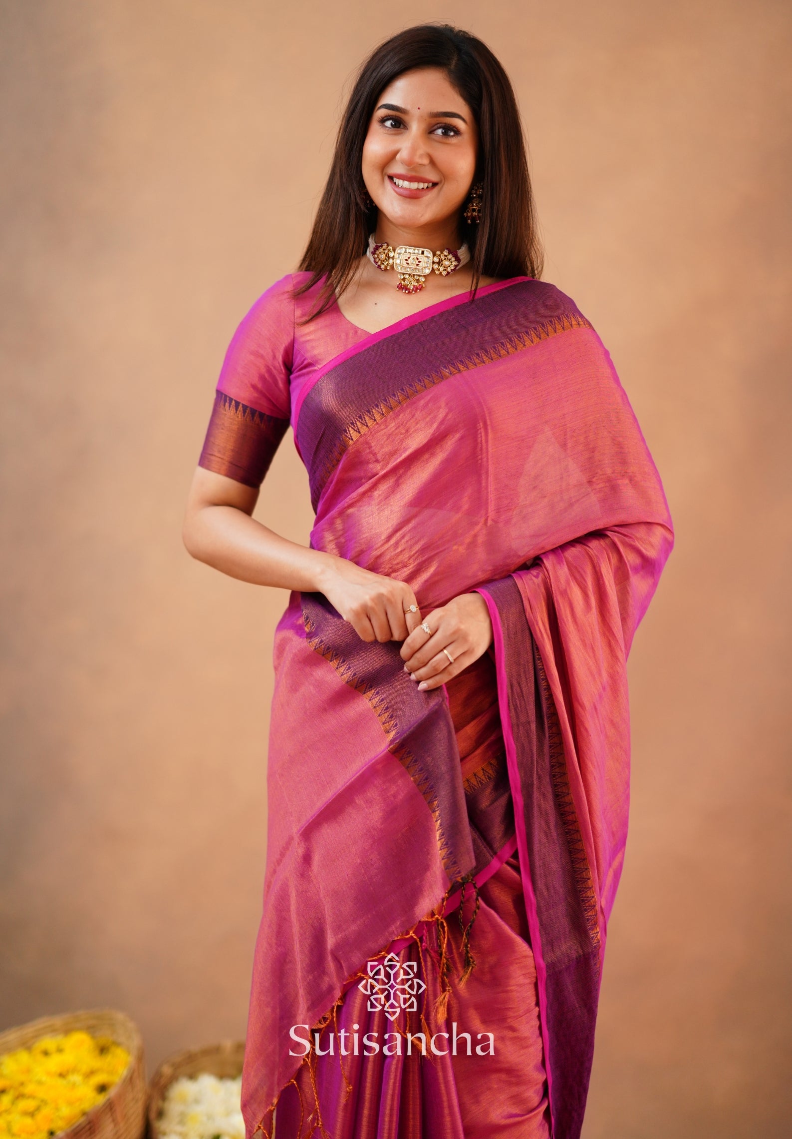 Sutisancha Peach Handloom Cotton Tissue Saree