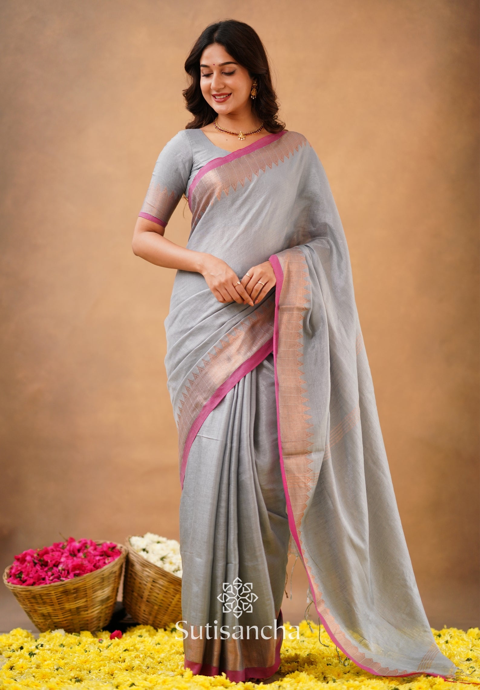Sutisancha Metal Gray Handloom Cotton Designer Tissue Saree