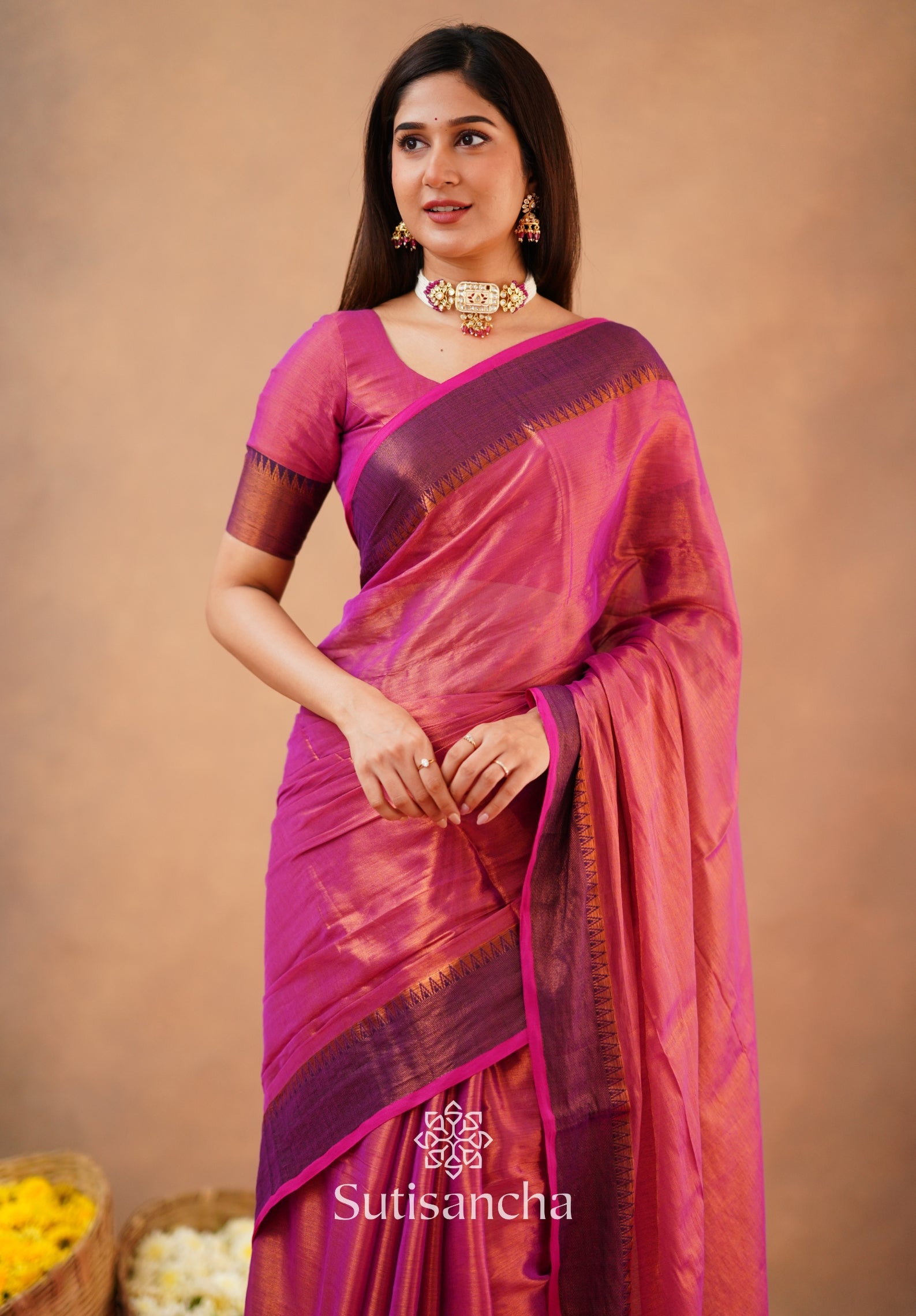 Sutisancha Peach Handloom Cotton Tissue Saree
