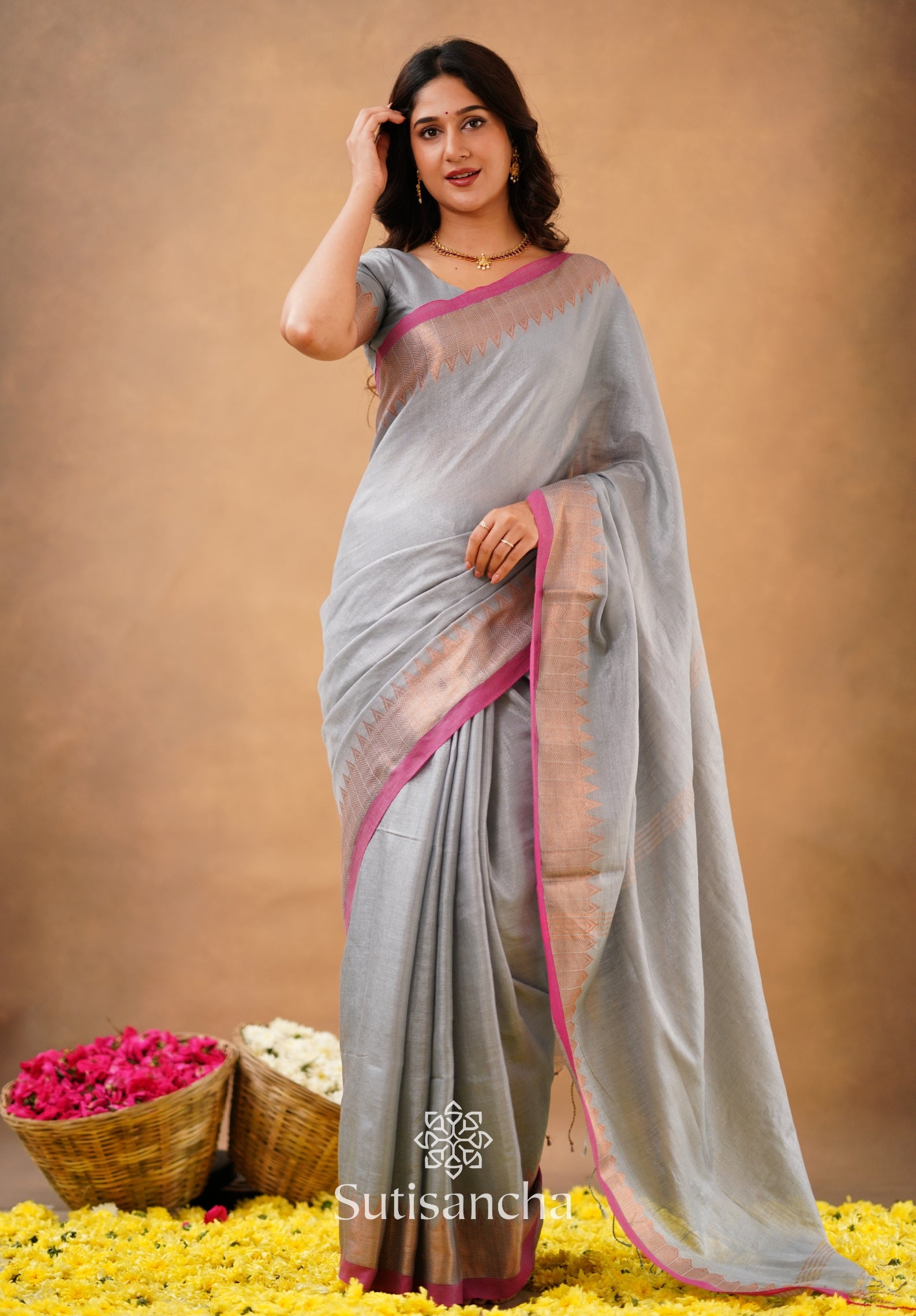 Sutisancha Metal Gray Handloom Cotton Designer Tissue Saree