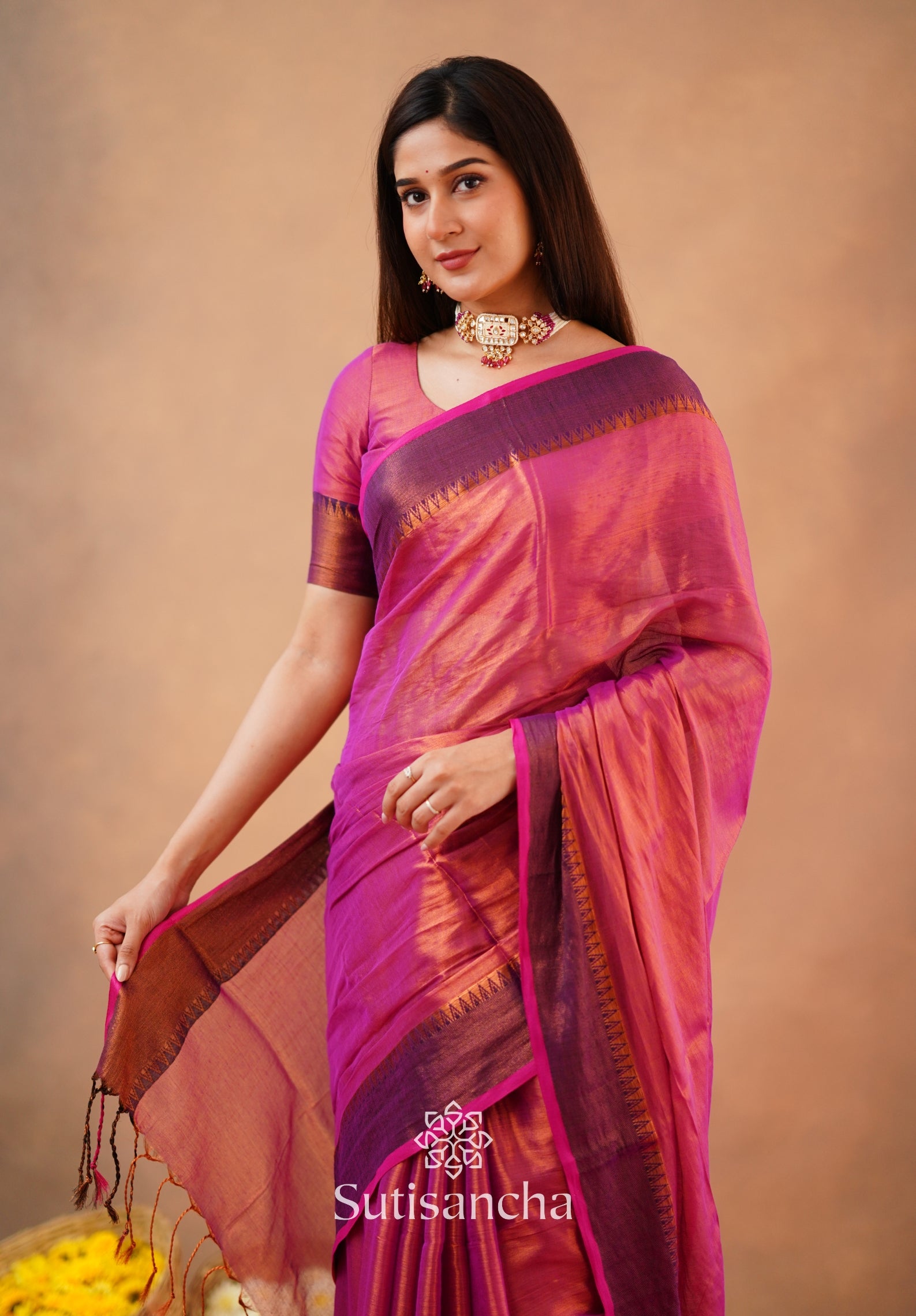 Sutisancha Peach Handloom Cotton Tissue Saree