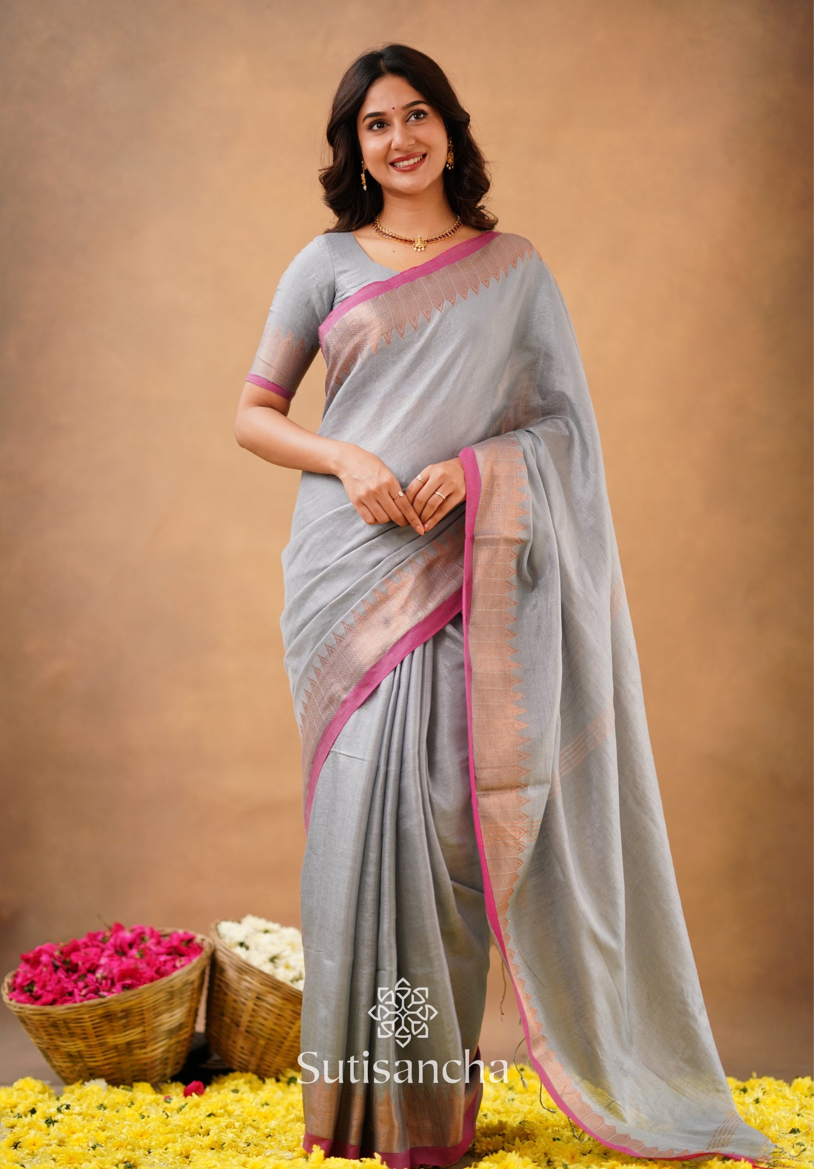Sutisancha Metal Gray Handloom Cotton Designer Tissue Saree