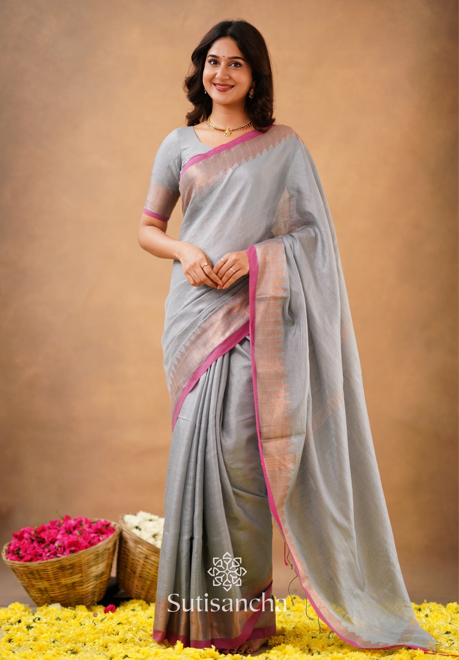 Sutisancha Metal Gray Handloom Cotton Designer Tissue Saree