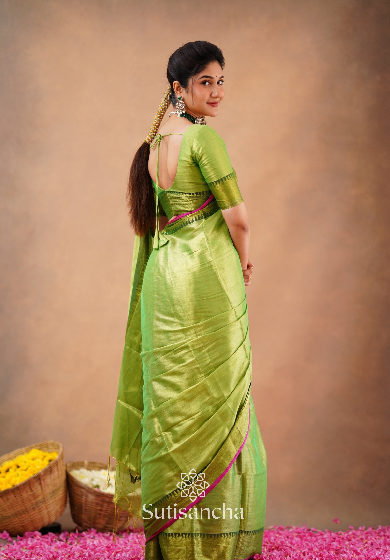 Sutisancha Parrot Handloom Cotton Tissue Saree