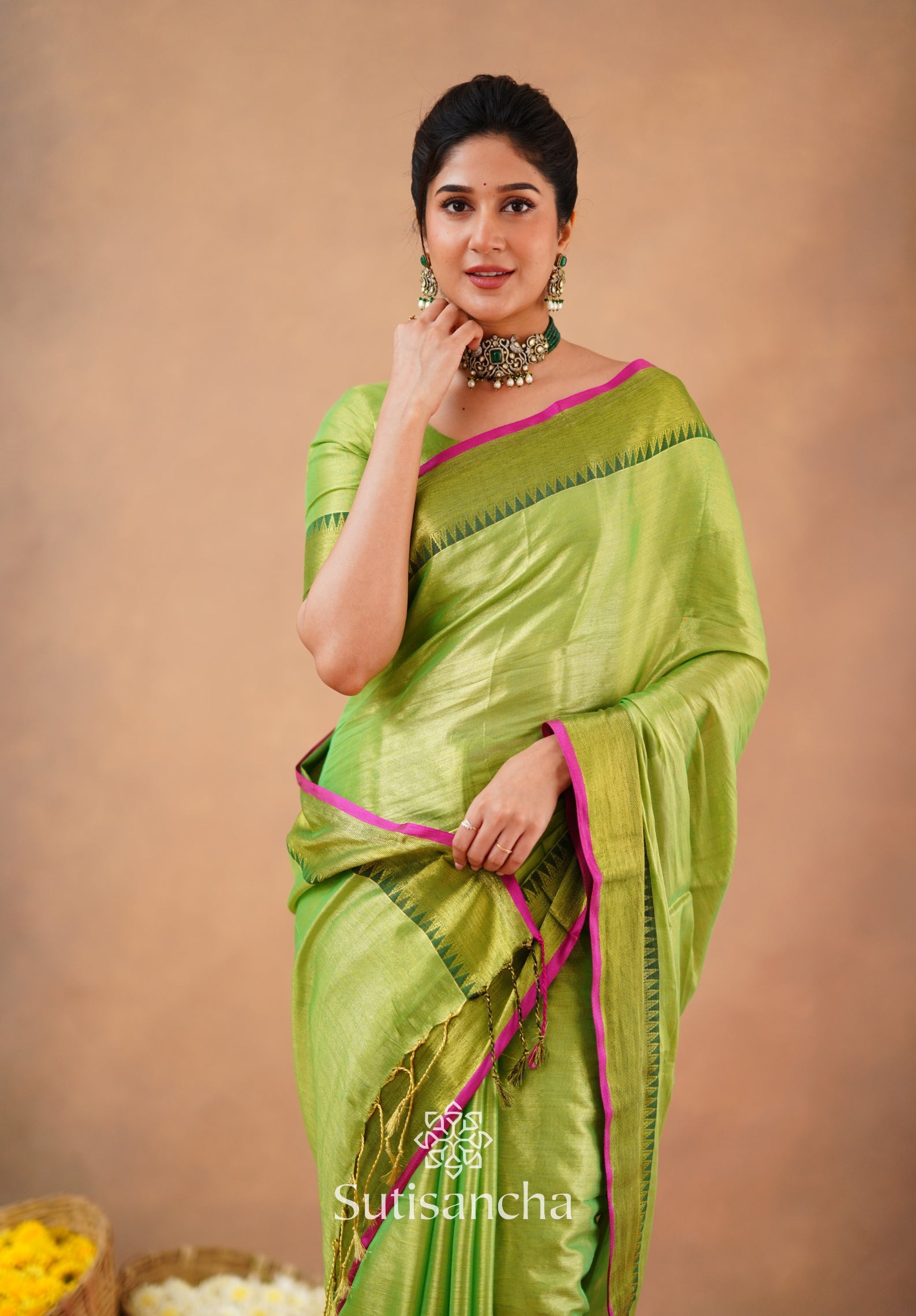Sutisancha Parrot Handloom Cotton Tissue Saree