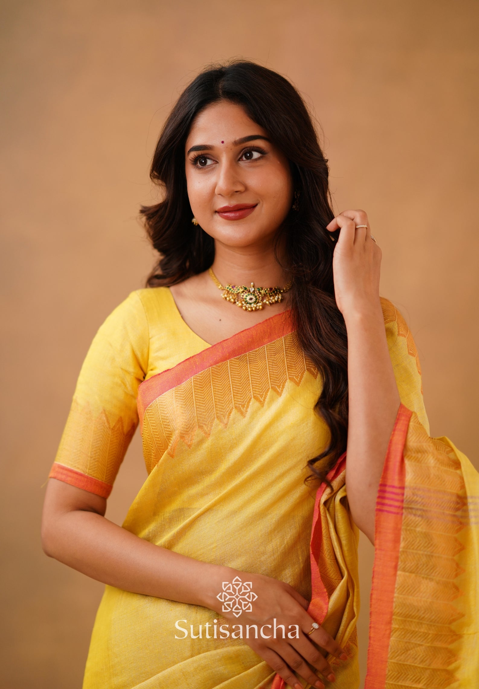 Sutisancha Yellow Handloom Cotton Designer Tissue Saree