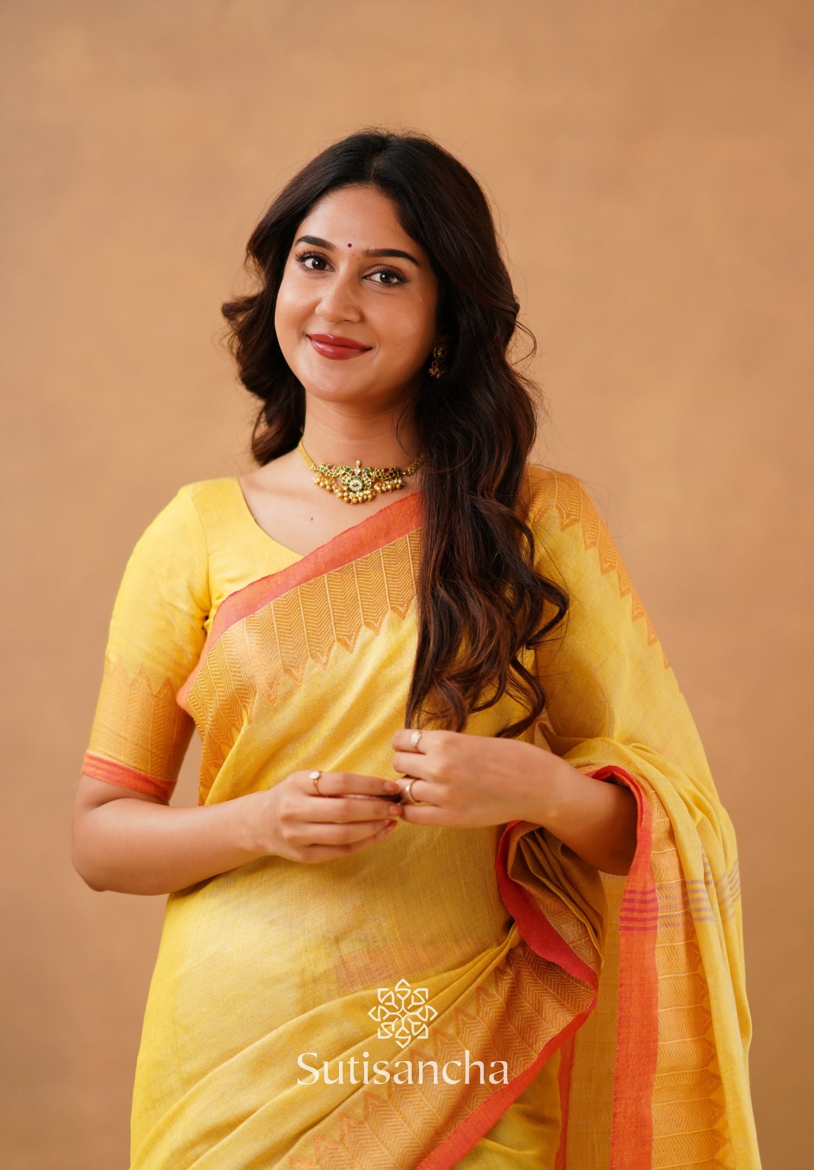 Sutisancha Yellow Handloom Cotton Designer Tissue Saree