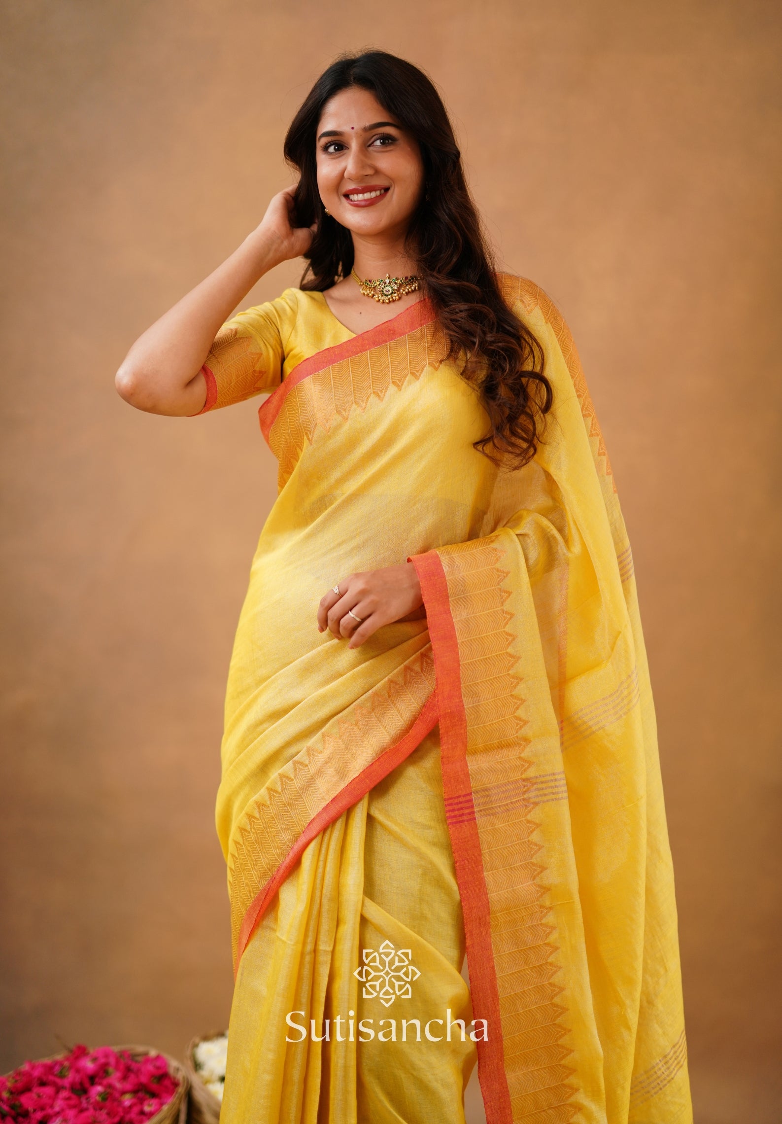 Sutisancha Yellow Handloom Cotton Designer Tissue Saree