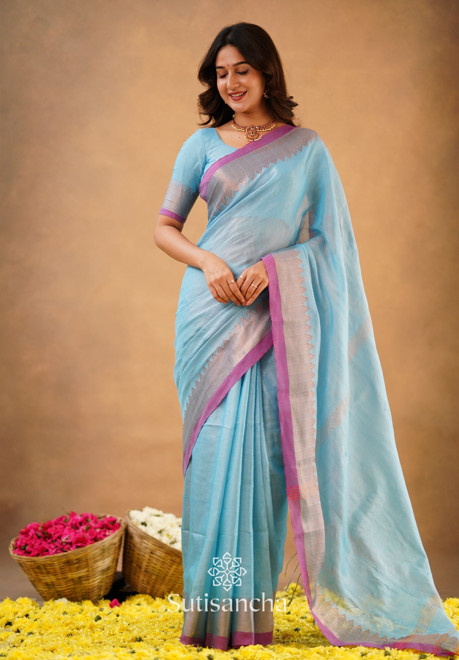 Sutisancha Aqua Sky Handloom Cotton Designer Tissue Saree