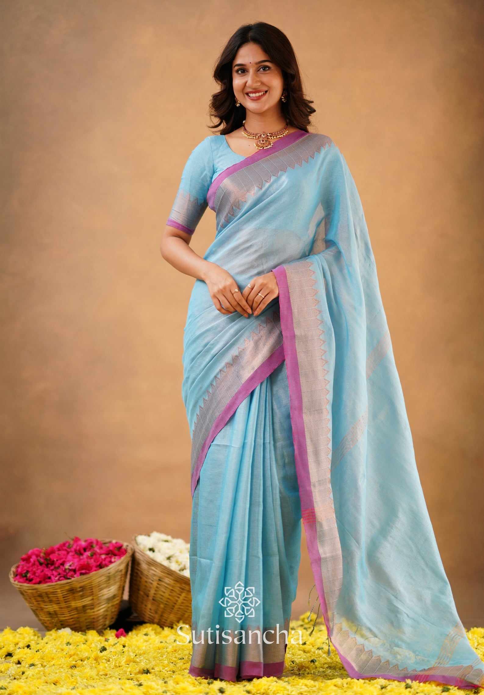 Sutisancha Aqua Sky Handloom Cotton Designer Tissue Saree