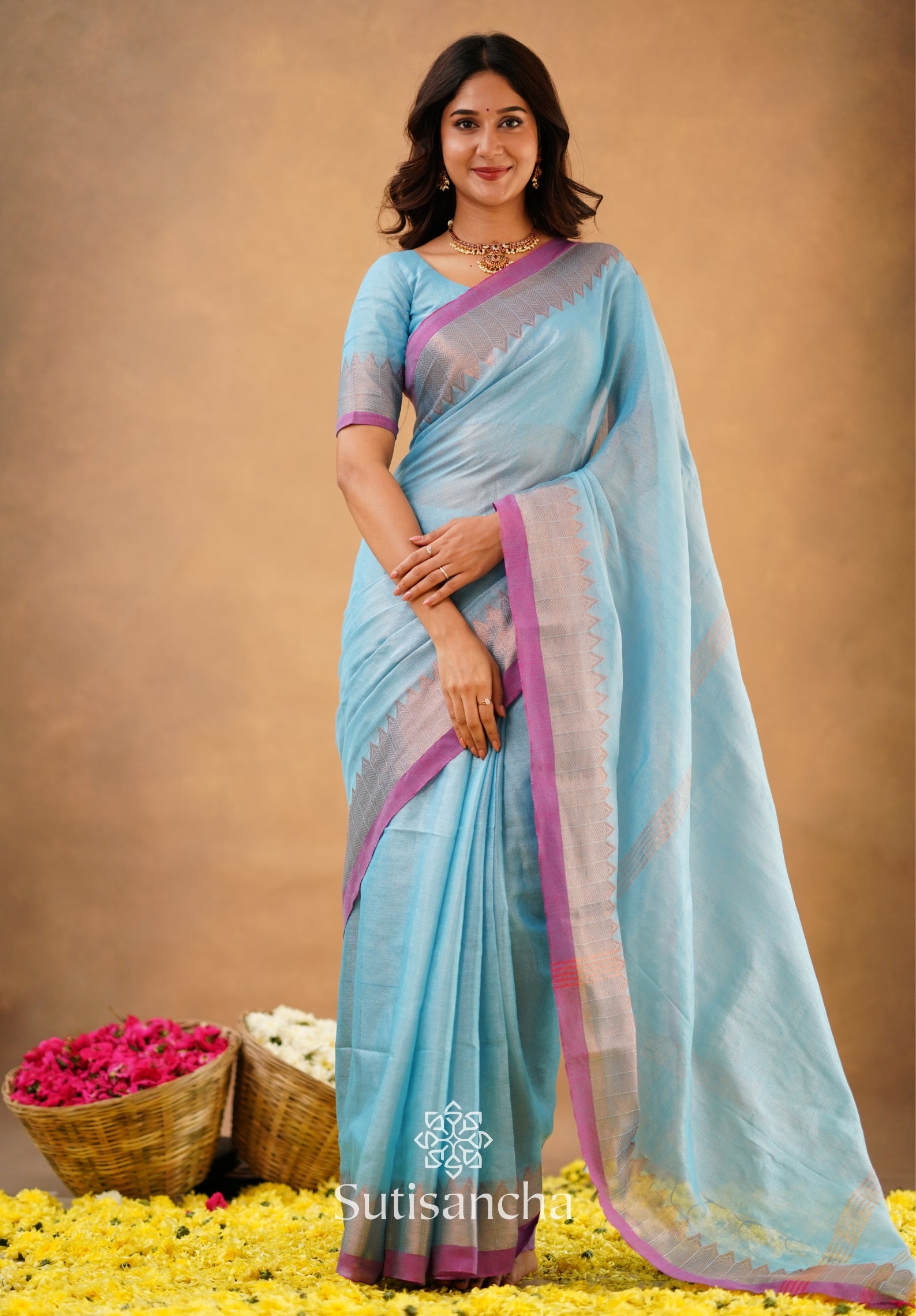 Sutisancha Aqua Sky Handloom Cotton Designer Tissue Saree