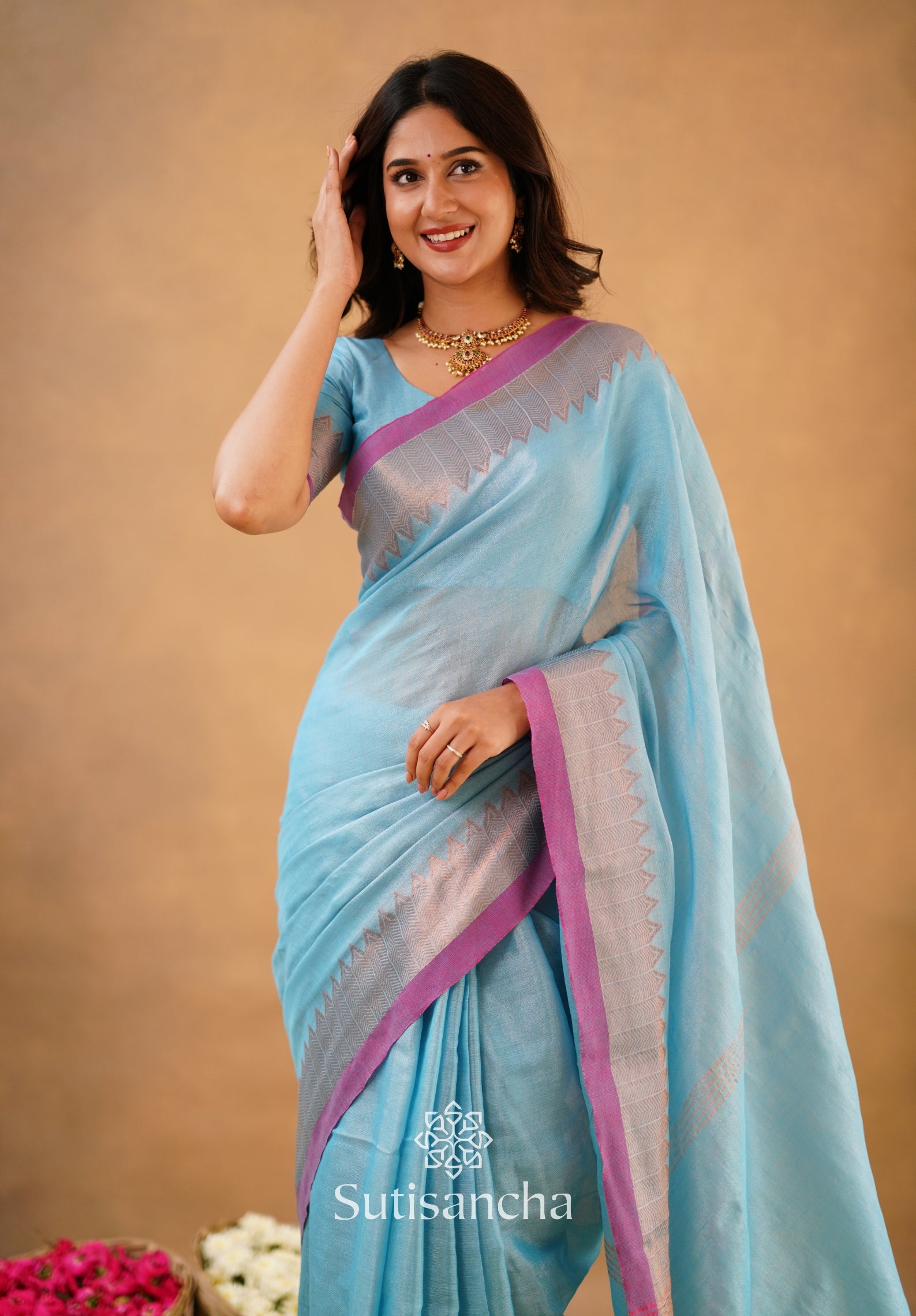 Sutisancha Aqua Sky Handloom Cotton Designer Tissue Saree