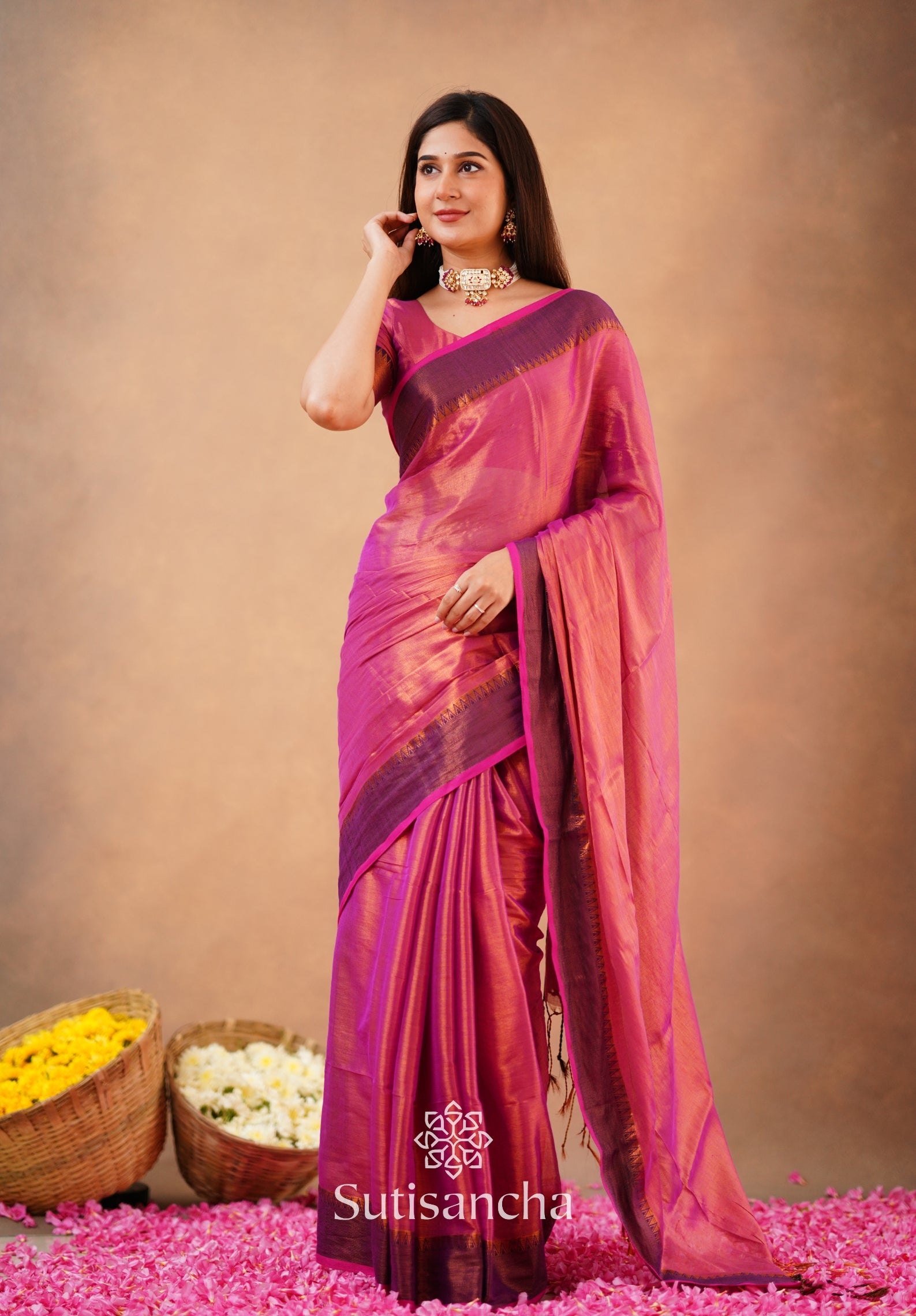Sutisancha Peach Handloom Cotton Tissue Saree