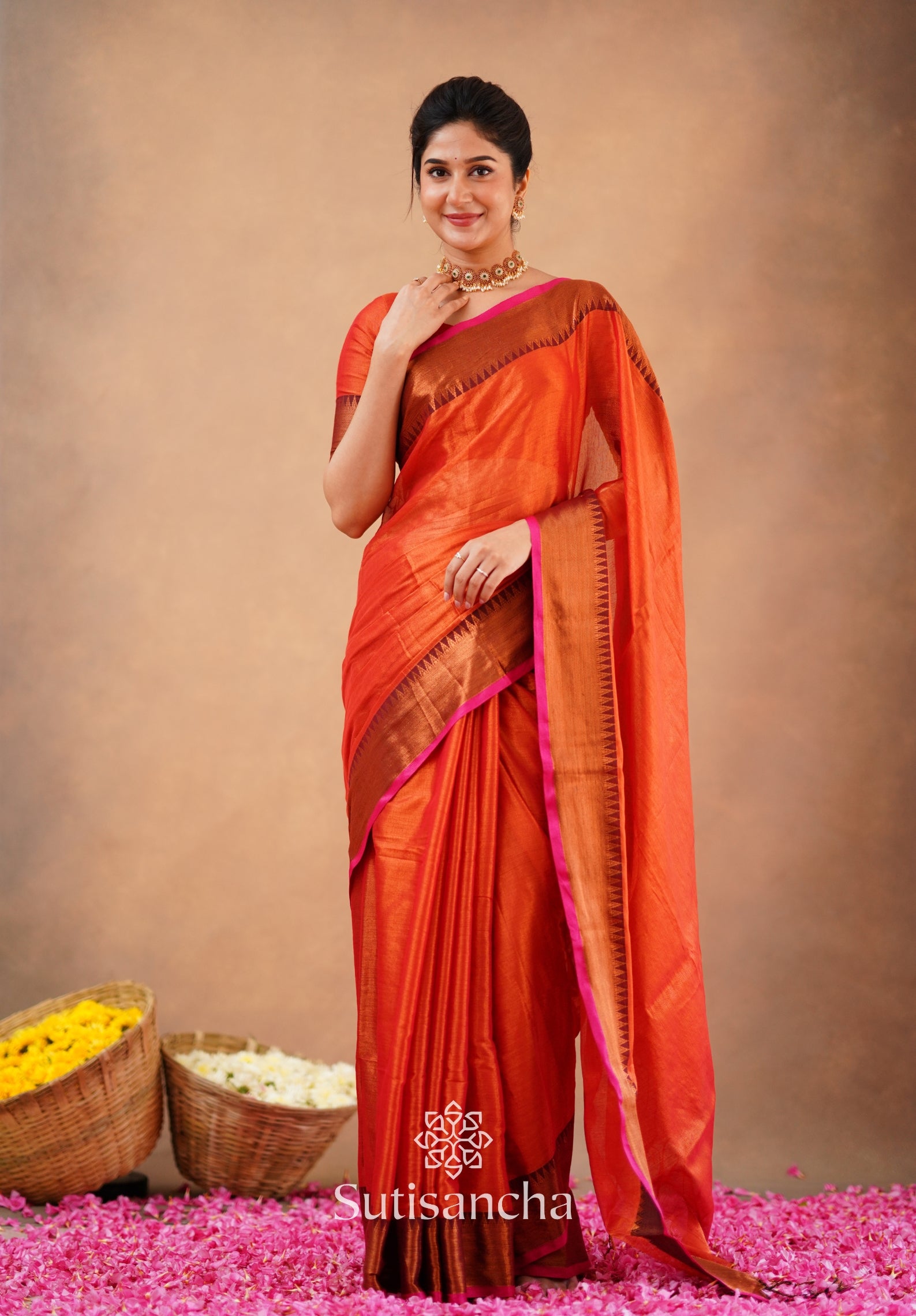 Sutisancha Orange Handloom Cotton Tissue Saree