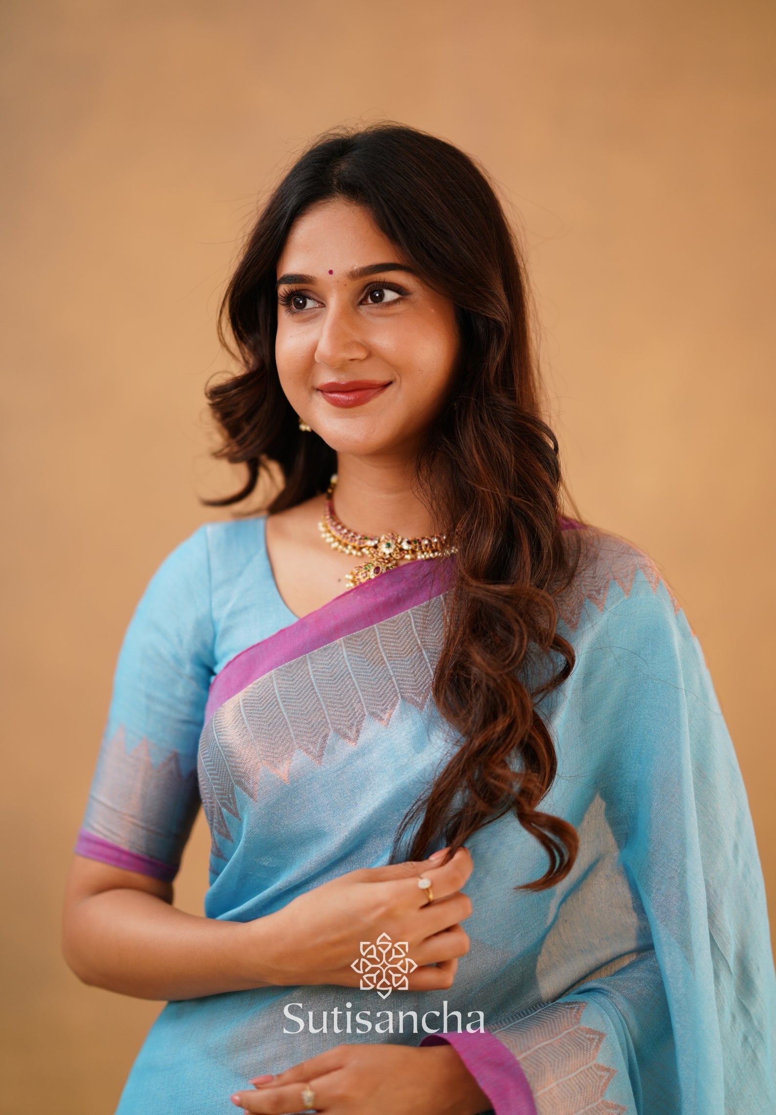 Sutisancha Aqua Sky Handloom Cotton Designer Tissue Saree