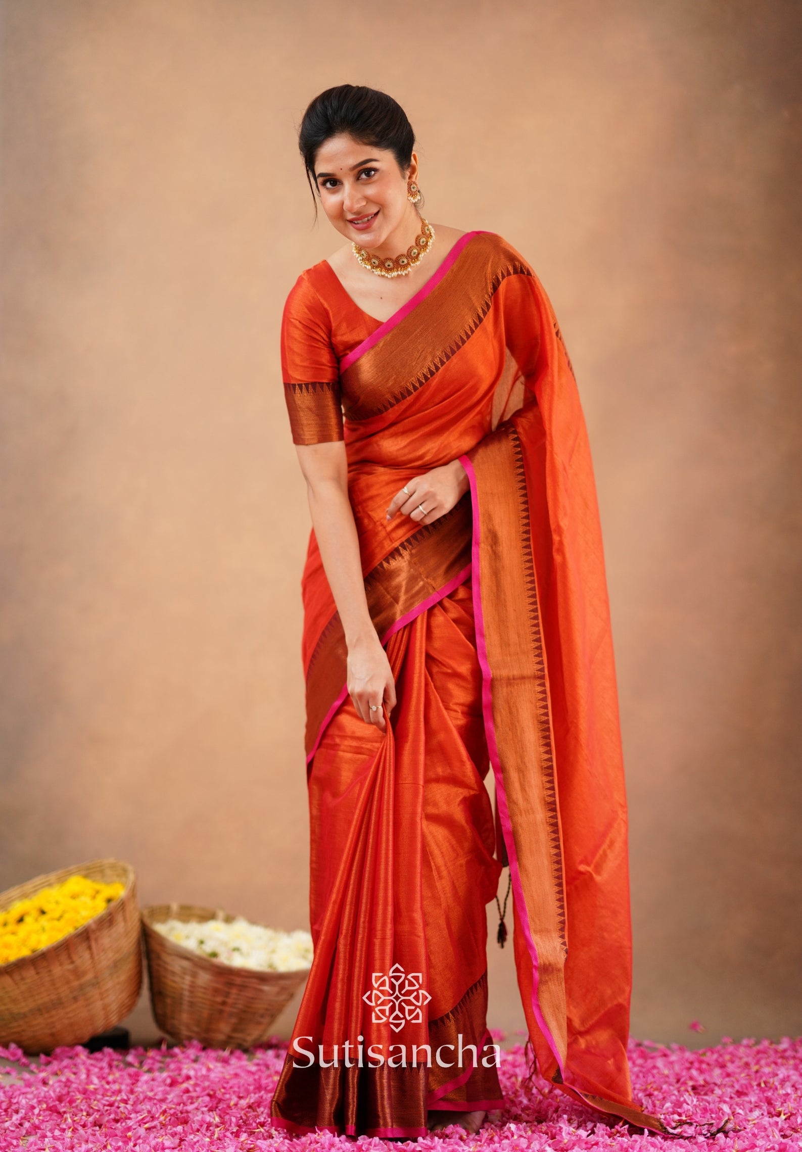 Sutisancha Orange Handloom Cotton Tissue Saree