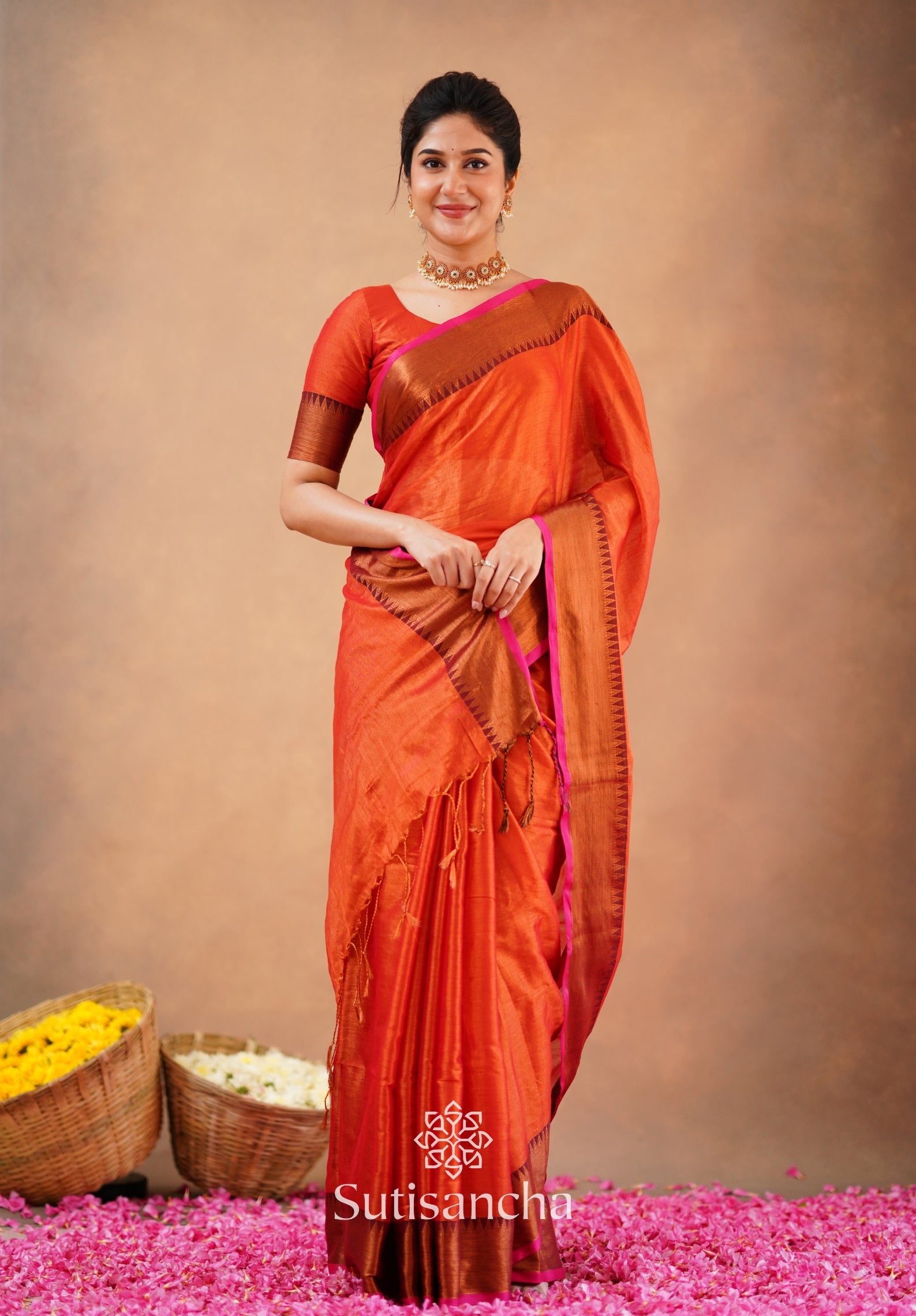 Sutisancha Orange Handloom Cotton Tissue Saree