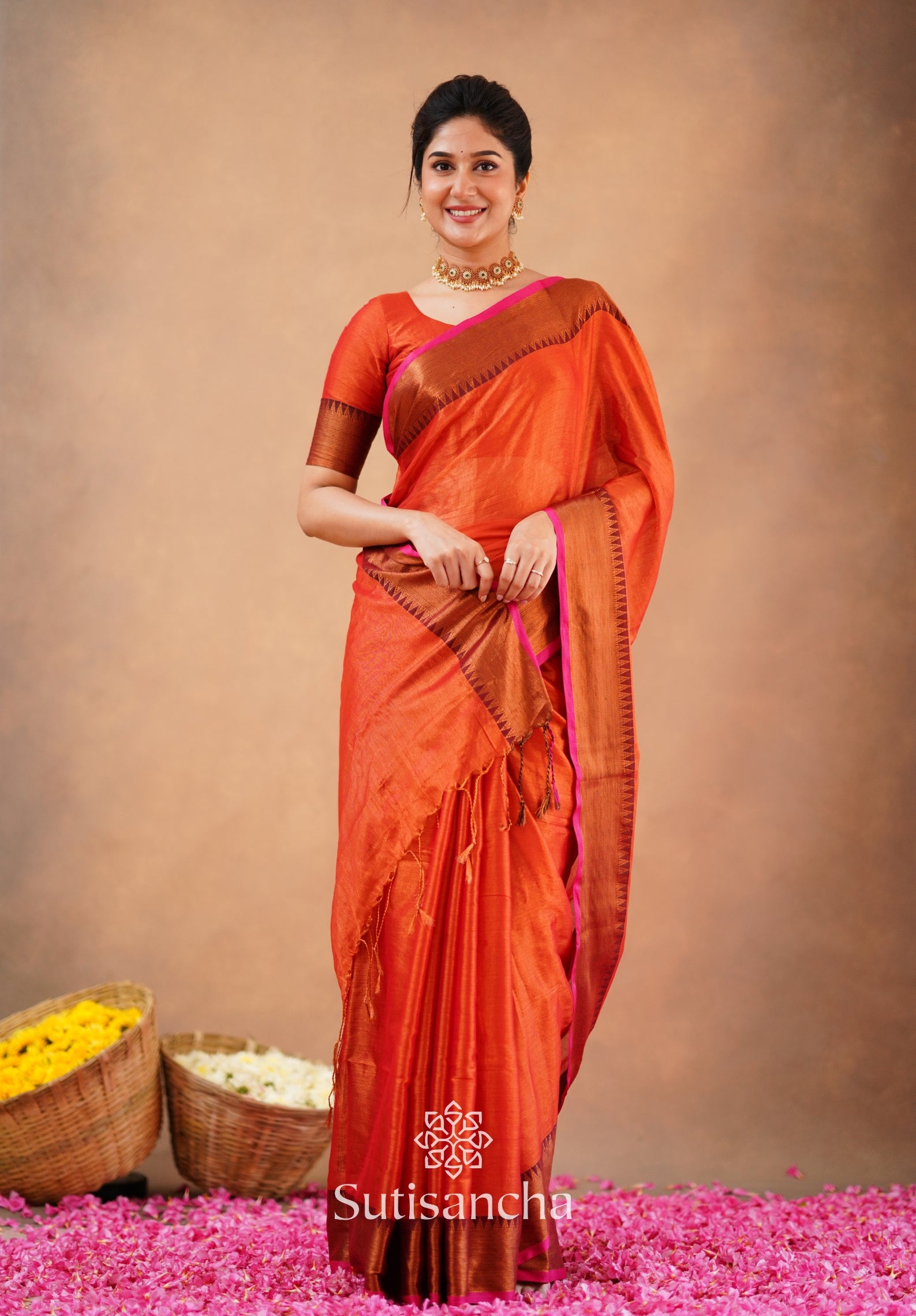 Sutisancha Orange Handloom Cotton Tissue Saree