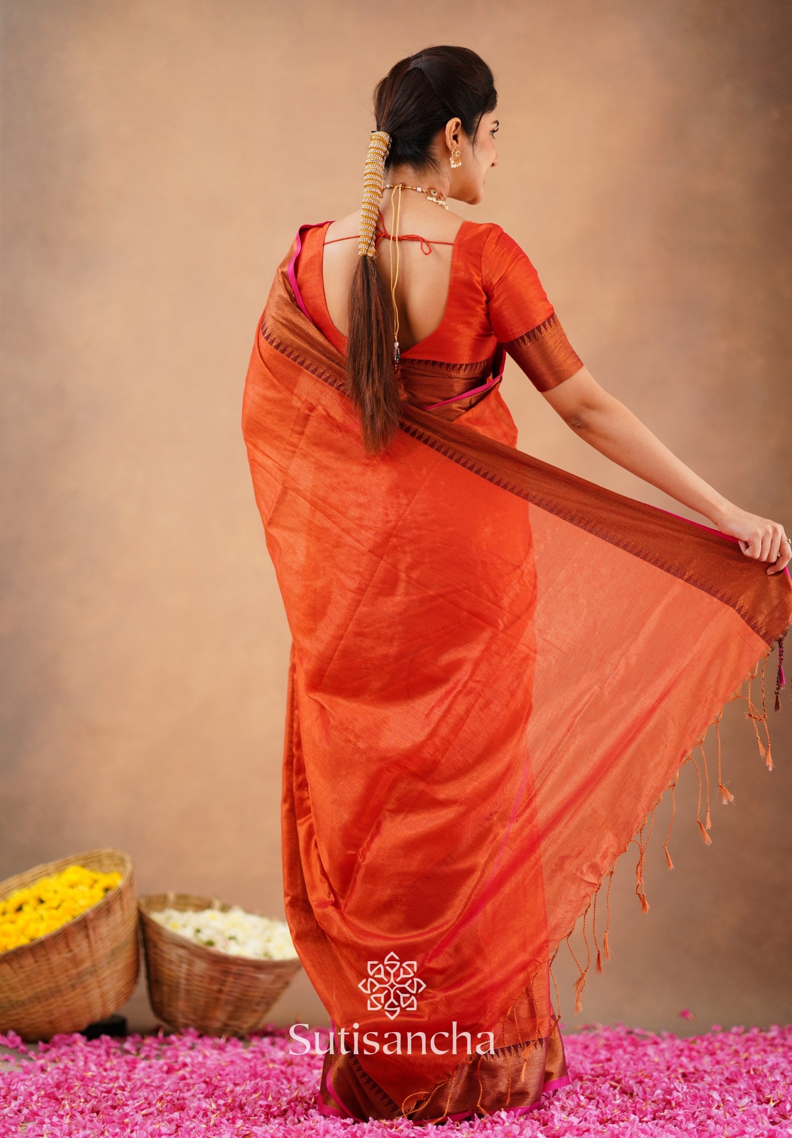Sutisancha Orange Handloom Cotton Tissue Saree
