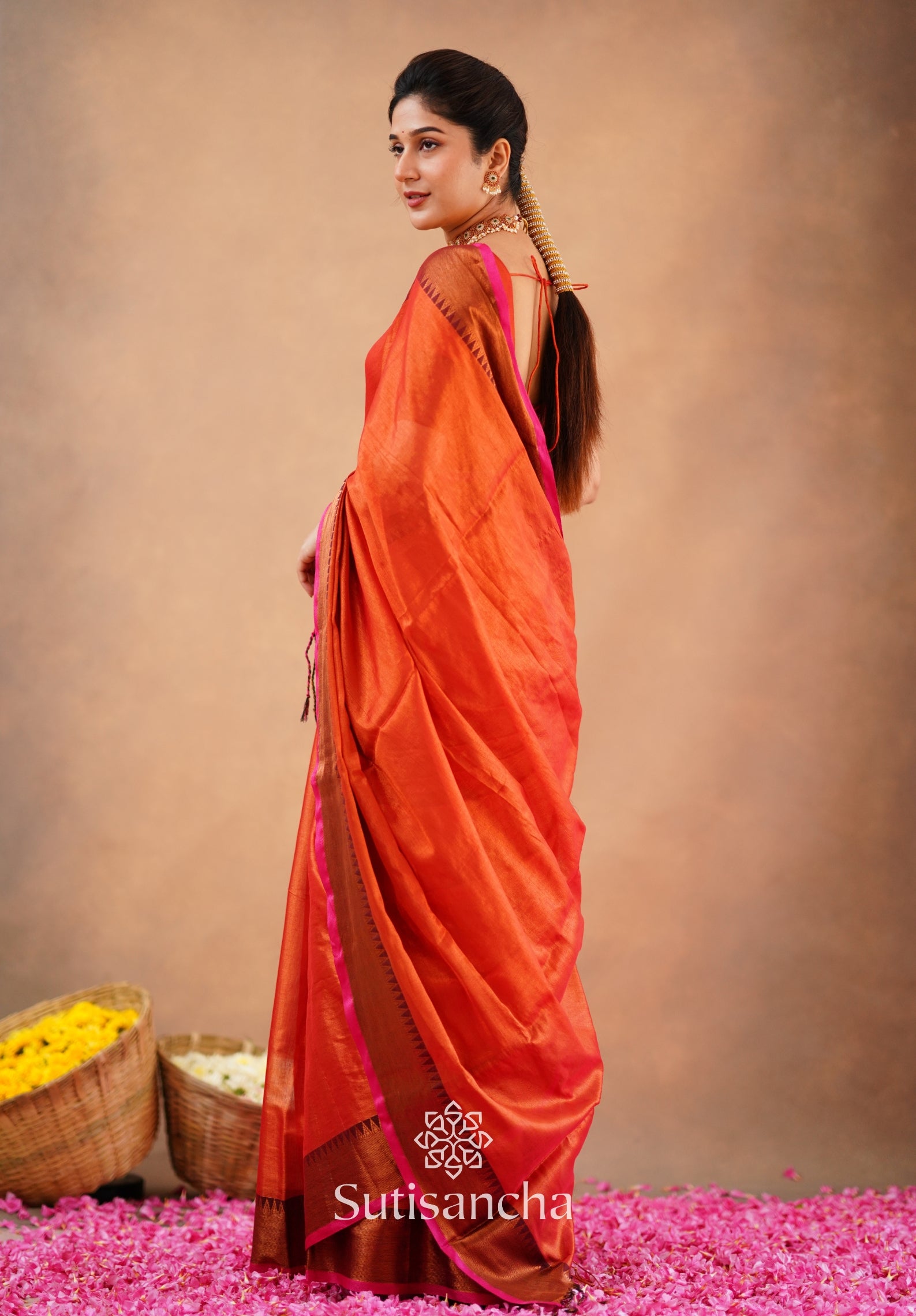 Sutisancha Orange Handloom Cotton Tissue Saree