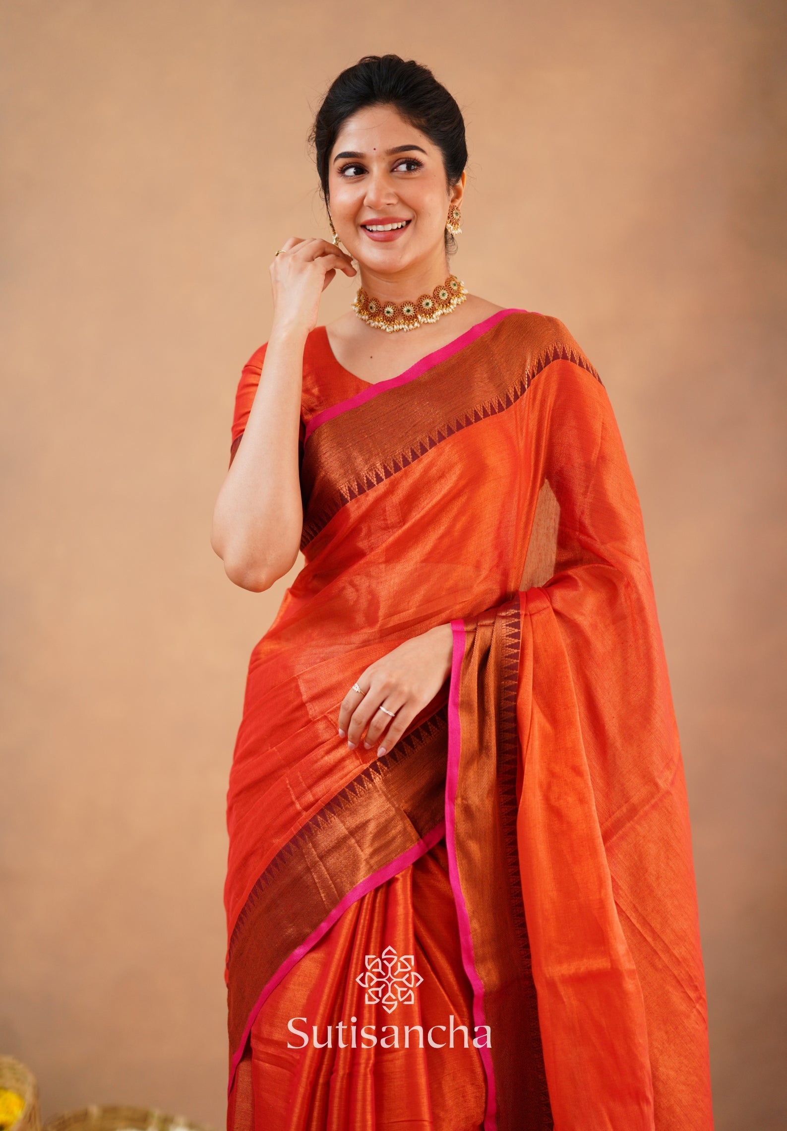 Sutisancha Orange Handloom Cotton Tissue Saree