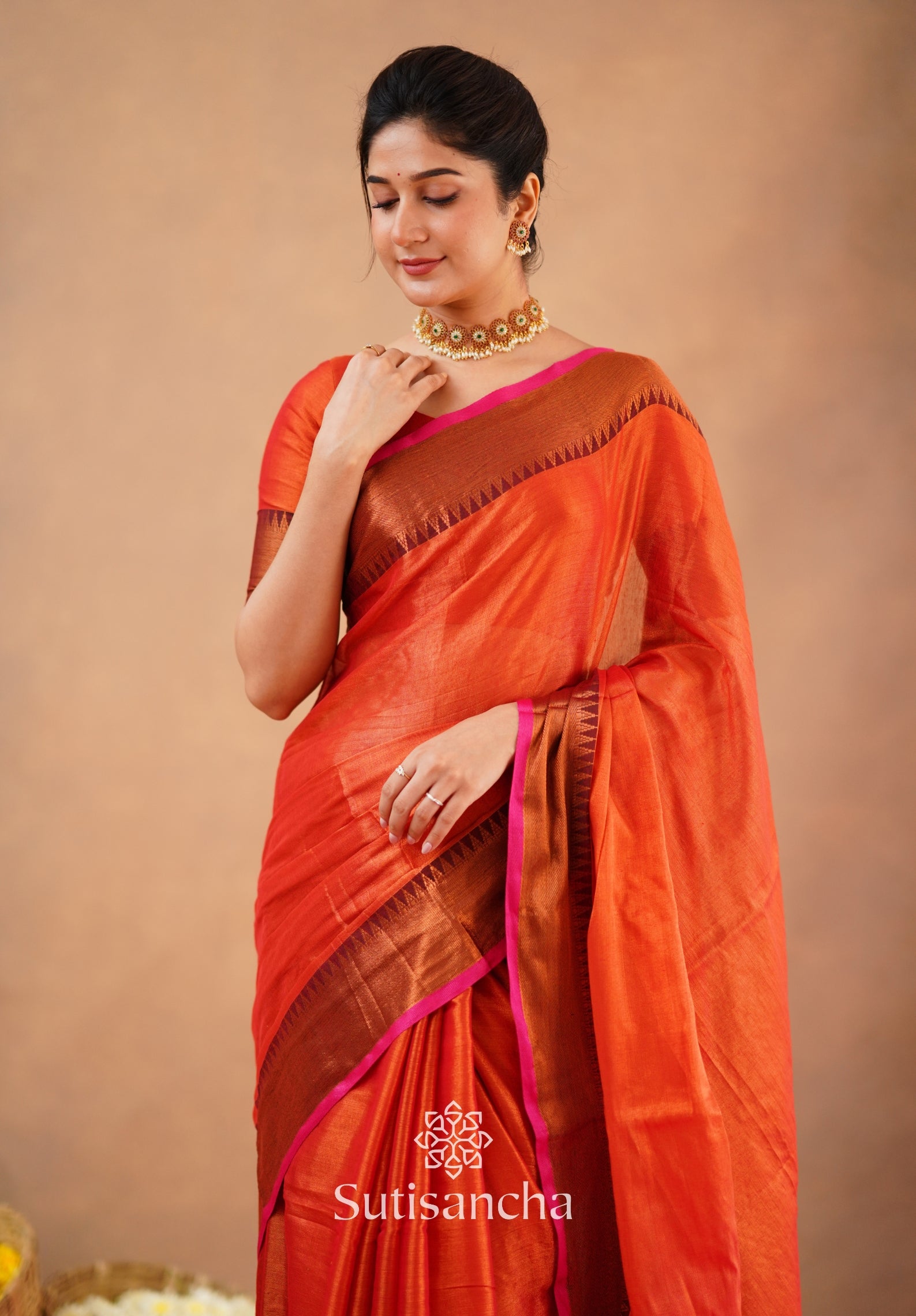 Sutisancha Orange Handloom Cotton Tissue Saree