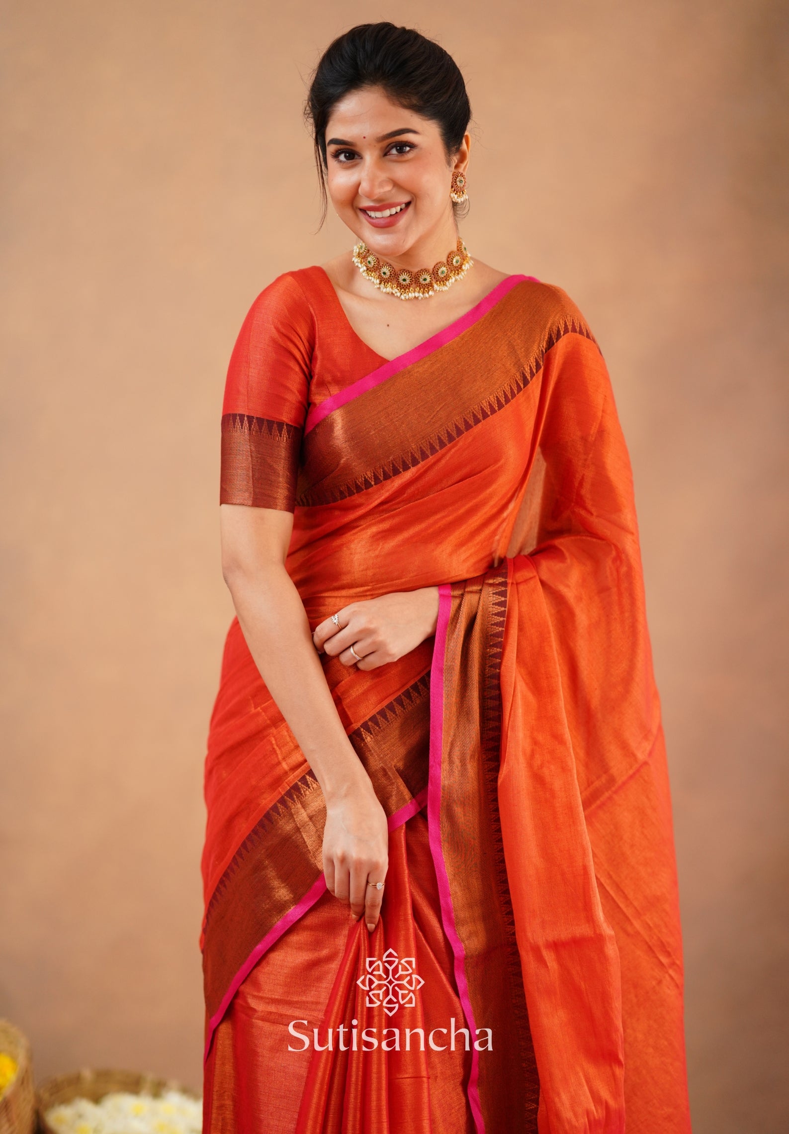 Sutisancha Orange Handloom Cotton Tissue Saree