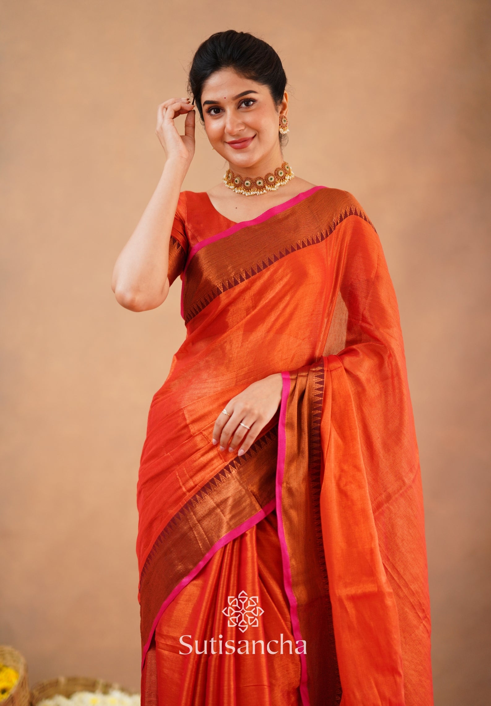 Sutisancha Orange Handloom Cotton Tissue Saree