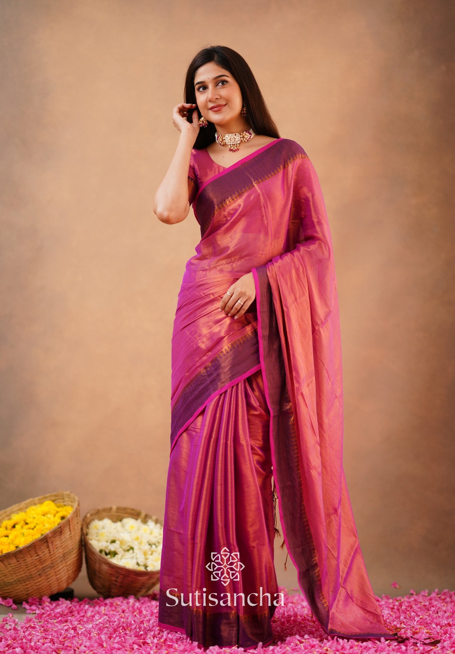 Sutisancha Peach Handloom Cotton Tissue Saree