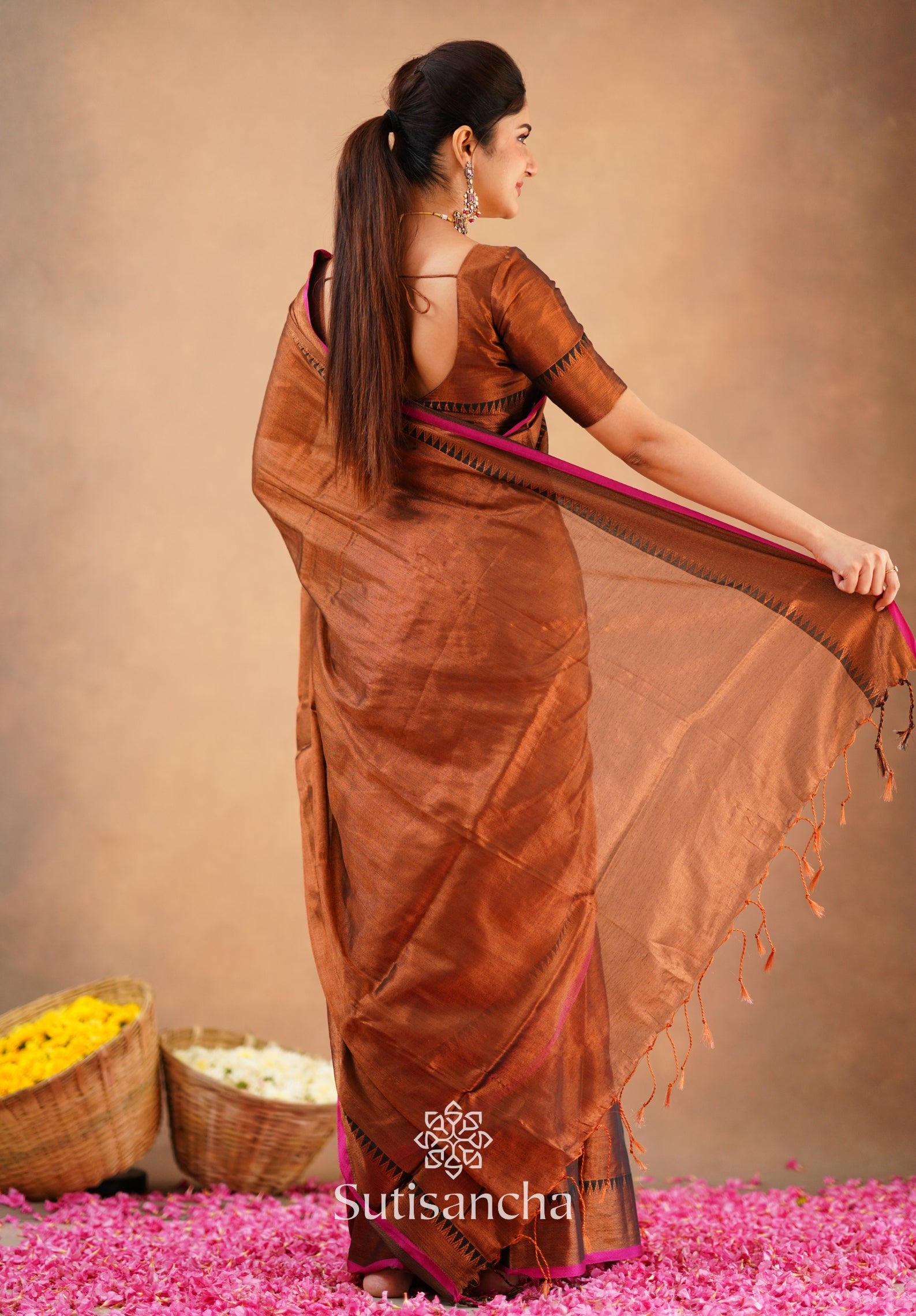 Sutisancha Copper Handloom Cotton Tissue Saree