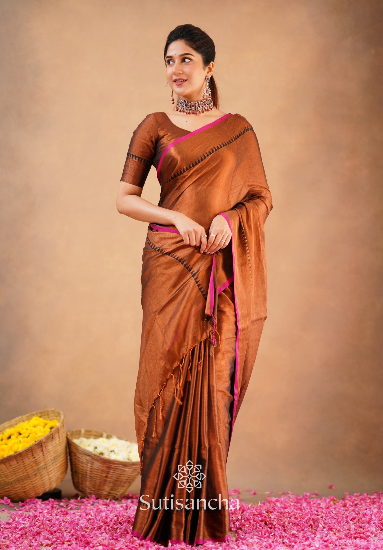 Sutisancha Copper Handloom Cotton Tissue Saree
